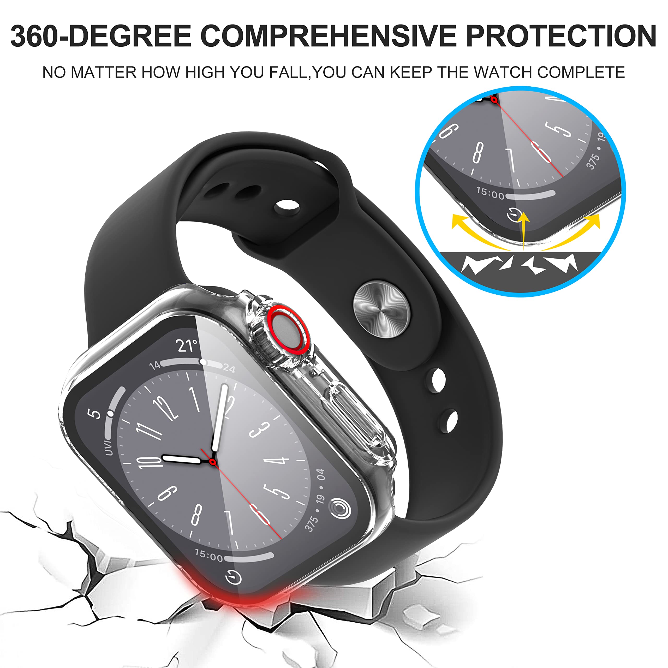 Suoman For Apple Watch 45Mm Screen Protector Case, Ultra Thin Tempered Glass Unique Design Full Coverage Hard Pc Case Cover For