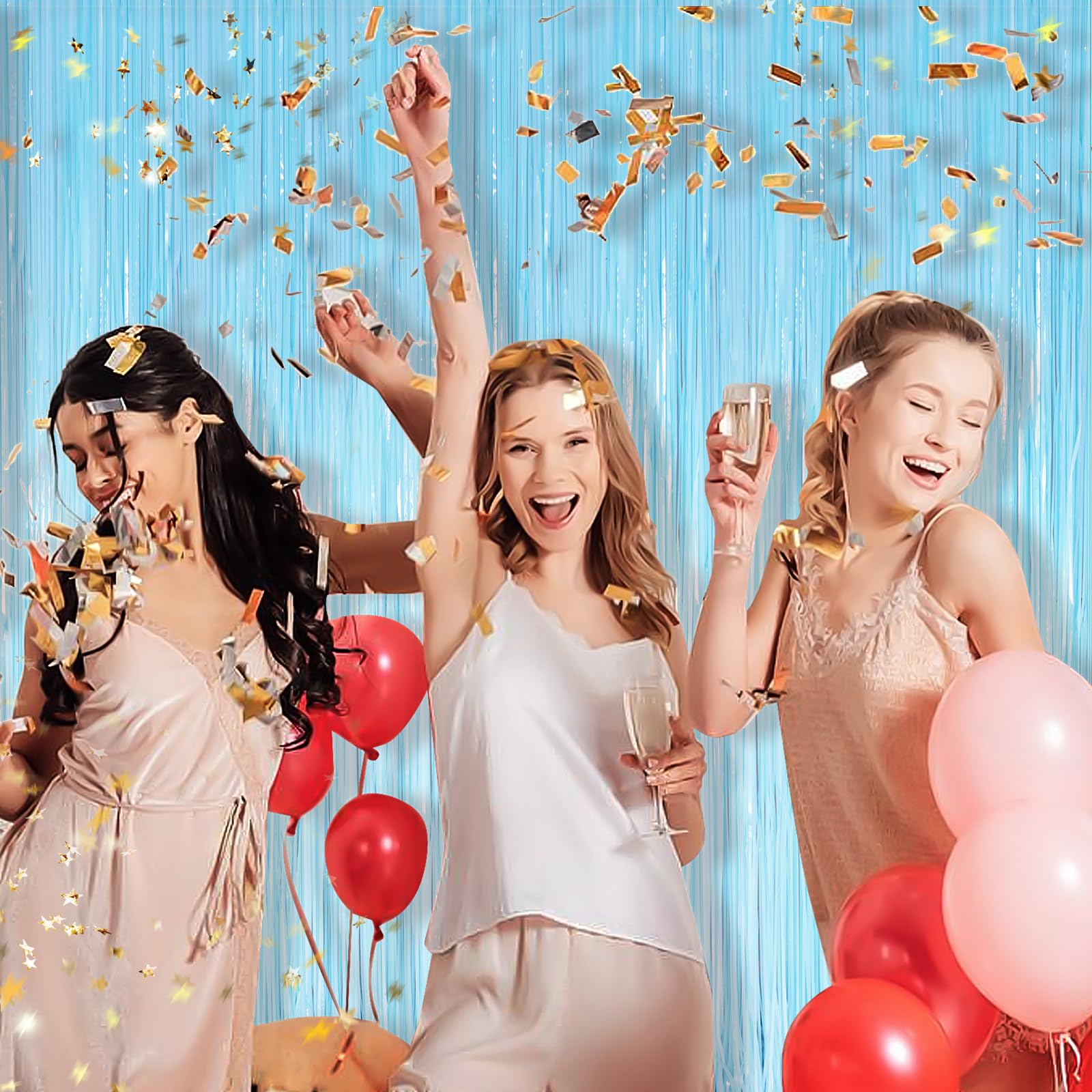 Macaron Light Blue Metallic Tinsel Foil Fringe Curtains, 2 Pack 3.3X8.3 Feet Party Streamer For Birthday Party Decorations, Hall