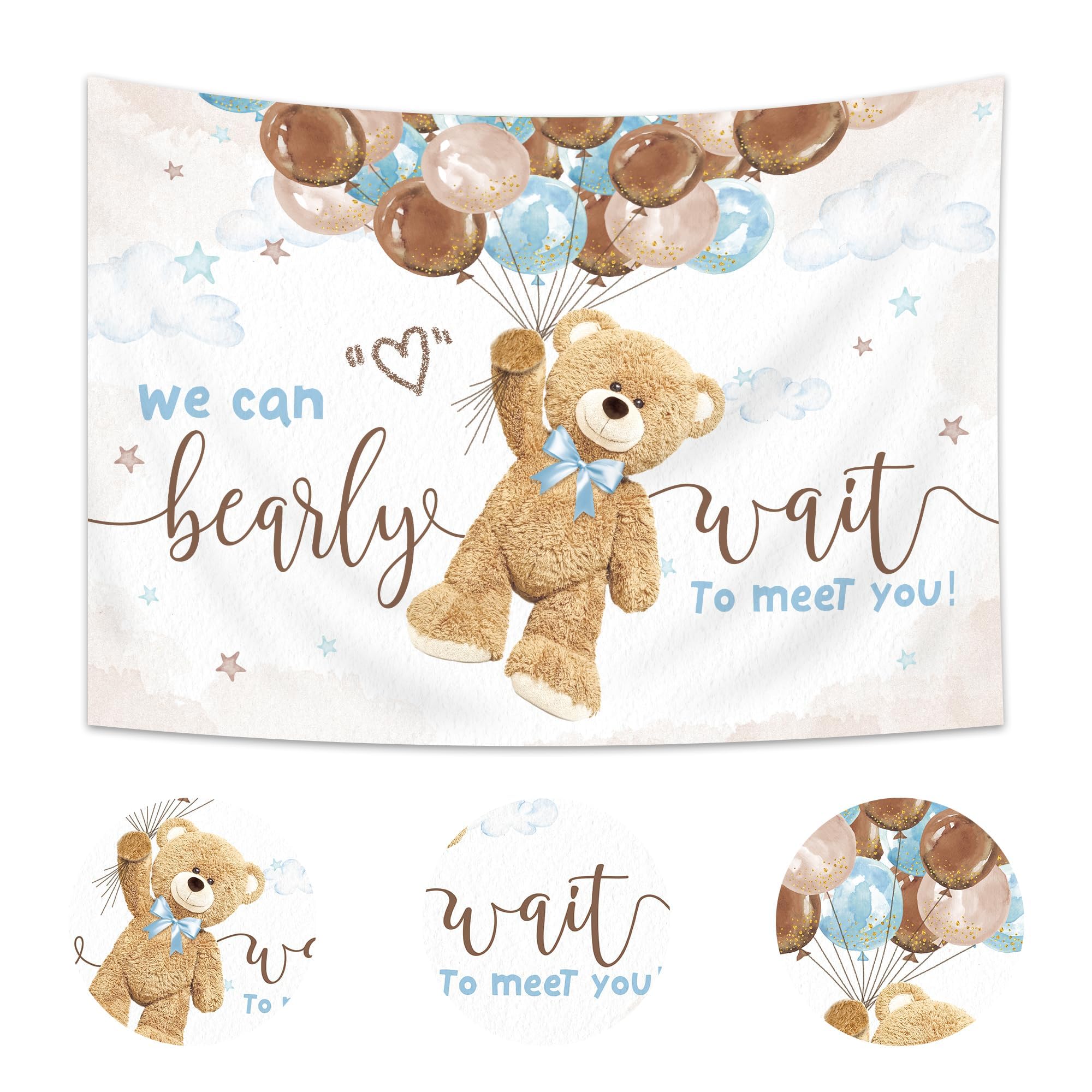 Imirell Bear Baby Shower Backdrop 7Wx5H Feet Boys We Can Bearly Wait To Meet You Cute Cartoon Lovely Balloons Polyester Fabric K