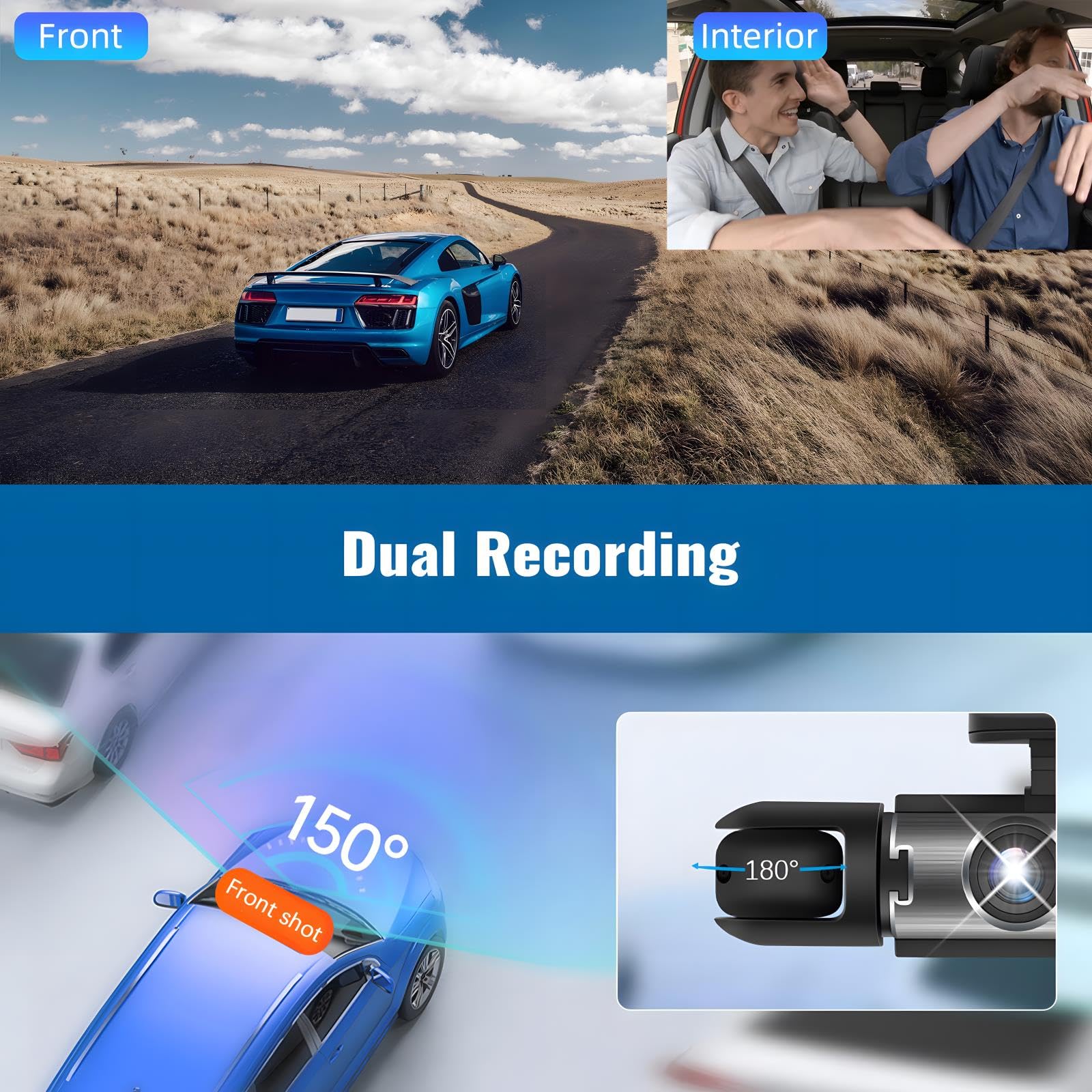 Camecho Dual Dash Cam 1080P Front And Inside Dash Camera For Cars 2 Channel Dashcam, 3.16' Ips Screen, Ir Night Vision, Loop Recording, 24Hr Parking Mode, Car Camera With 32Gb Tf Card Driving Recorder