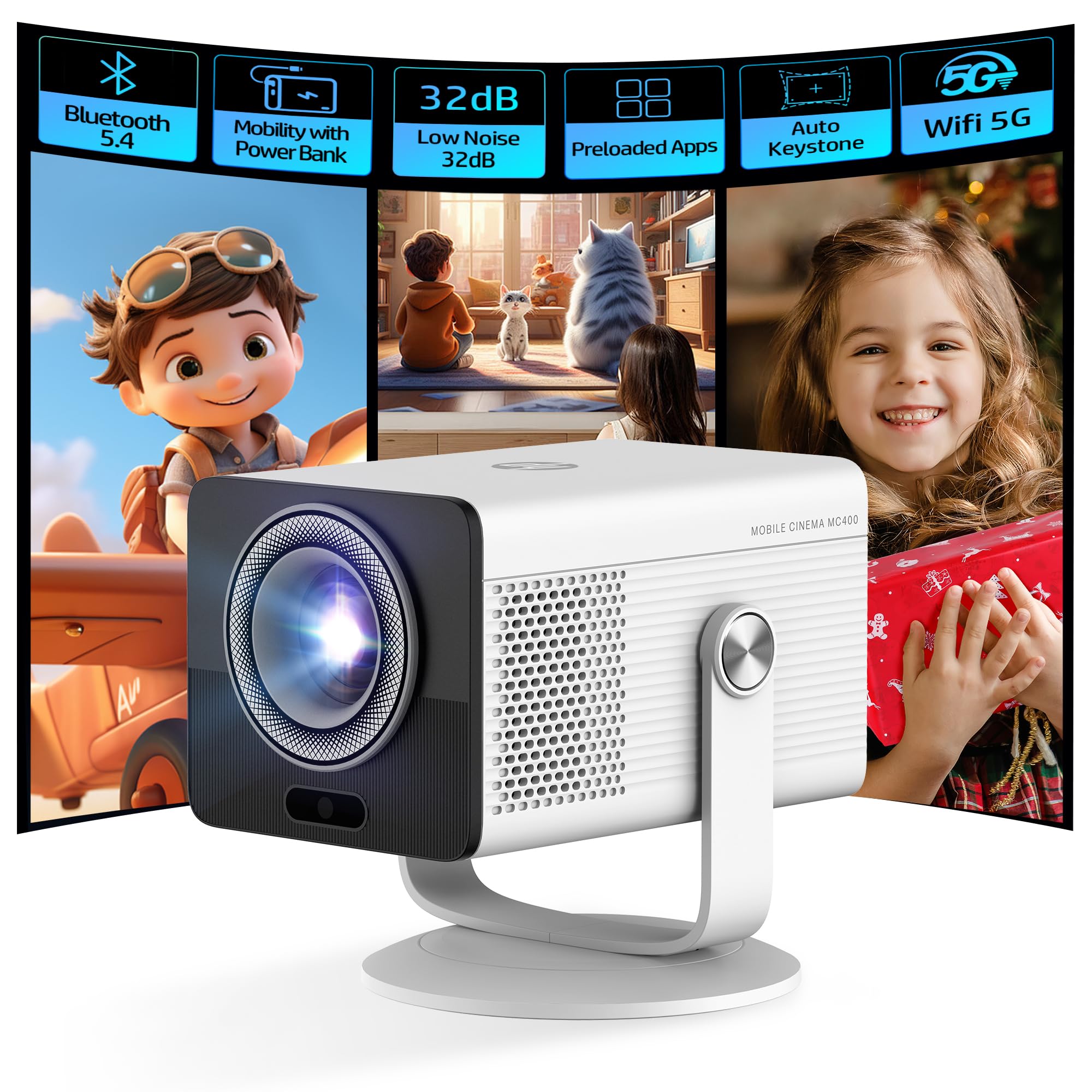 HP MC400 Mini Portable Smart Projector with WiFi and Bluetooth, Short Throw 4K Support & 1080P, Wireless Screen Mirroring, Built