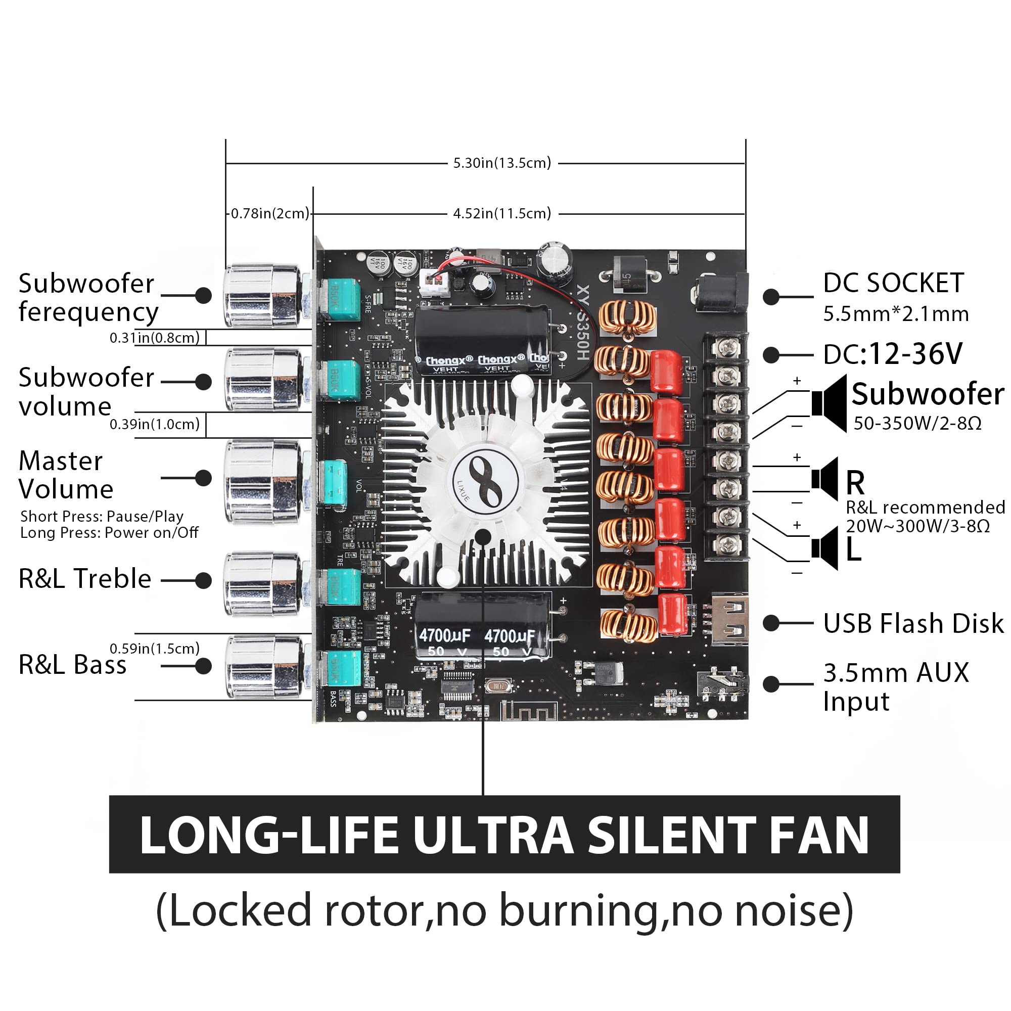 Xy S350H 220W*2+350W 2.1 Bluetooth Power Amplifier Board Support Custom Bluetooth Name, 18V 36V Bluetooth Speaker Audio Amplifie