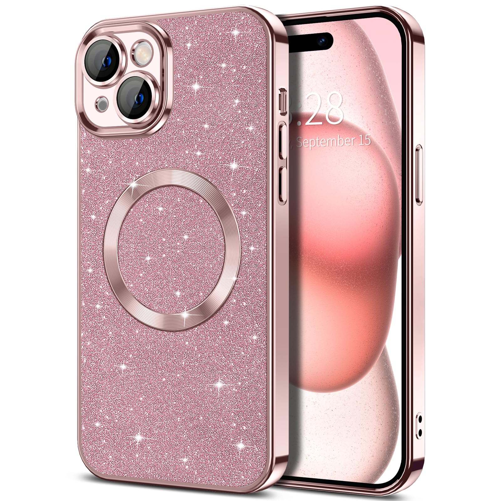 Hython For Iphone 15 Plus Case Glitter, Clear Magnetic Phone Cases With Camera Lens Protector [Compatible With Magsafe] Bling Sp