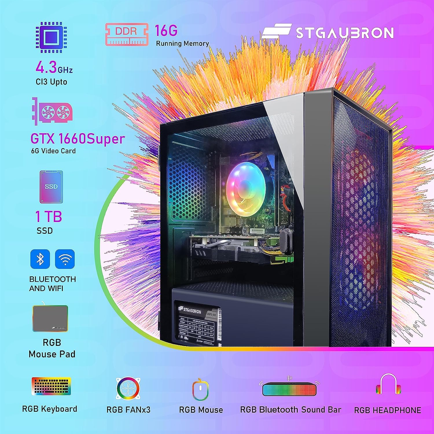 Stgaubron Gaming Pc,Geforce Gtx 1660 Super 6G Gddr6,Intel Core I3-10100F Up To 4.3G,16G Ddr4,1T Ssd,600M Wifi,Bt 5.0,Rgb Fan X 3
