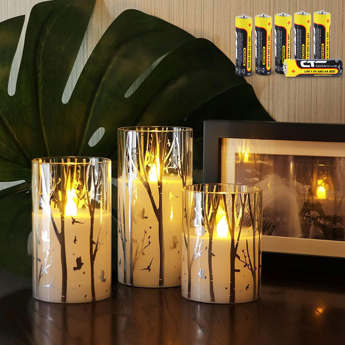 Rhytsing Birch Design Glass Battery Operated Led Candles With Timer, Flameless Pillar Candles Spring & Summer Decor- Include 6 B