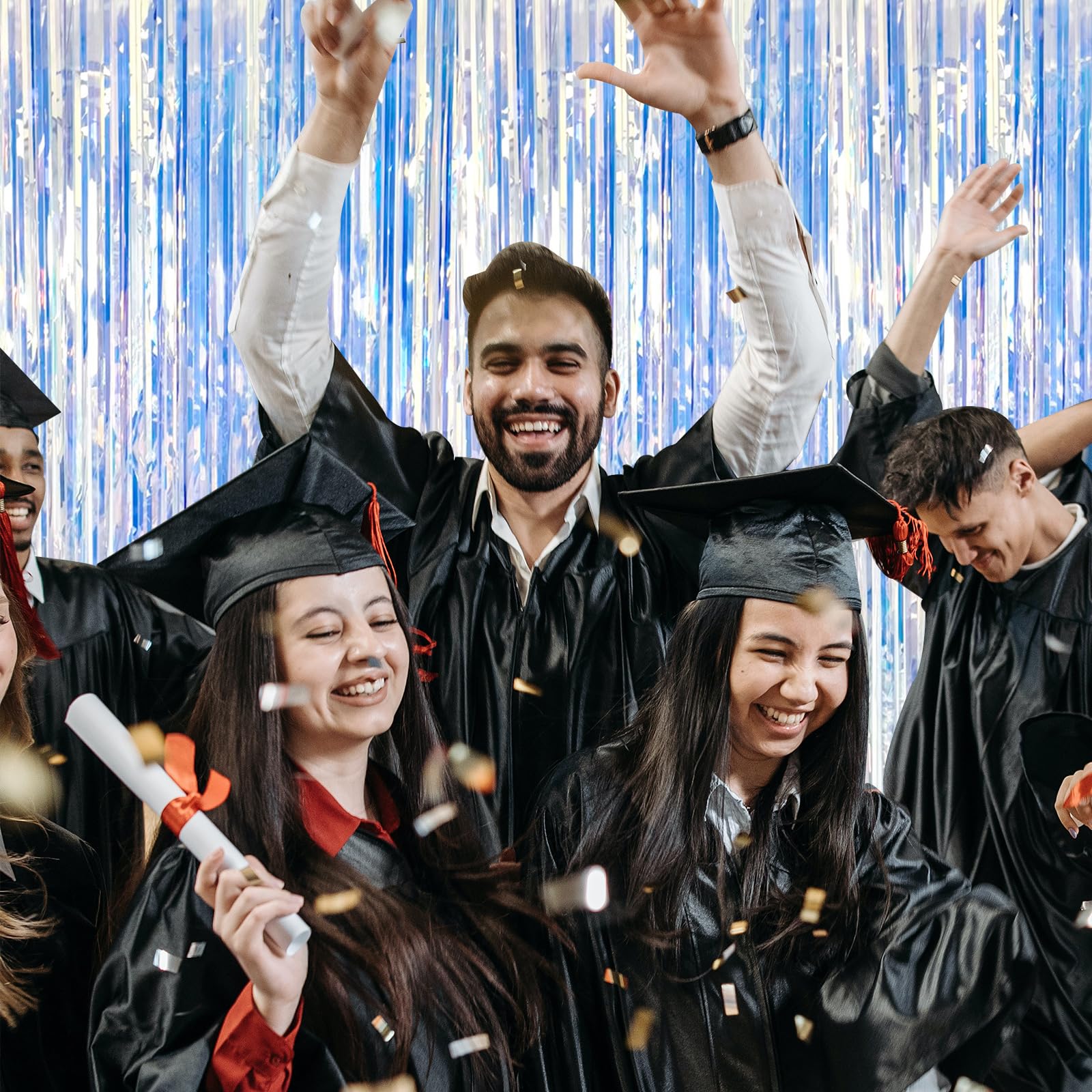 2 Pack Foil Curtain Backdrop Iridescent Metallic Tinsel Foil Fringe Curtains Photo Booth Props For Birthday Wedding Engagement B