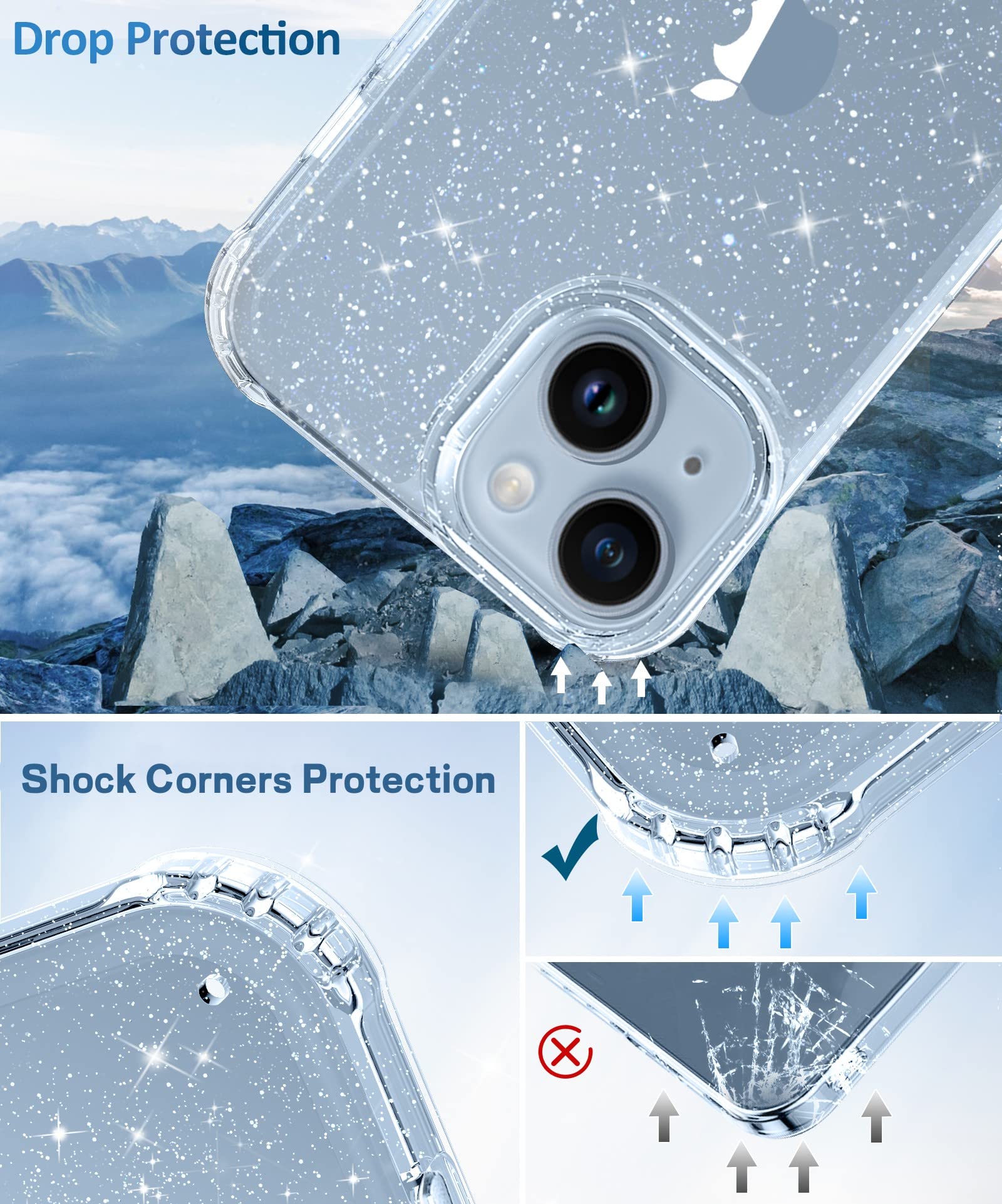 Miodik For Iphone 14 Case With Screen Protector + Camera Lens Protector, [Non Yellowing] Clear Glitter Phone Case, [Military Gra