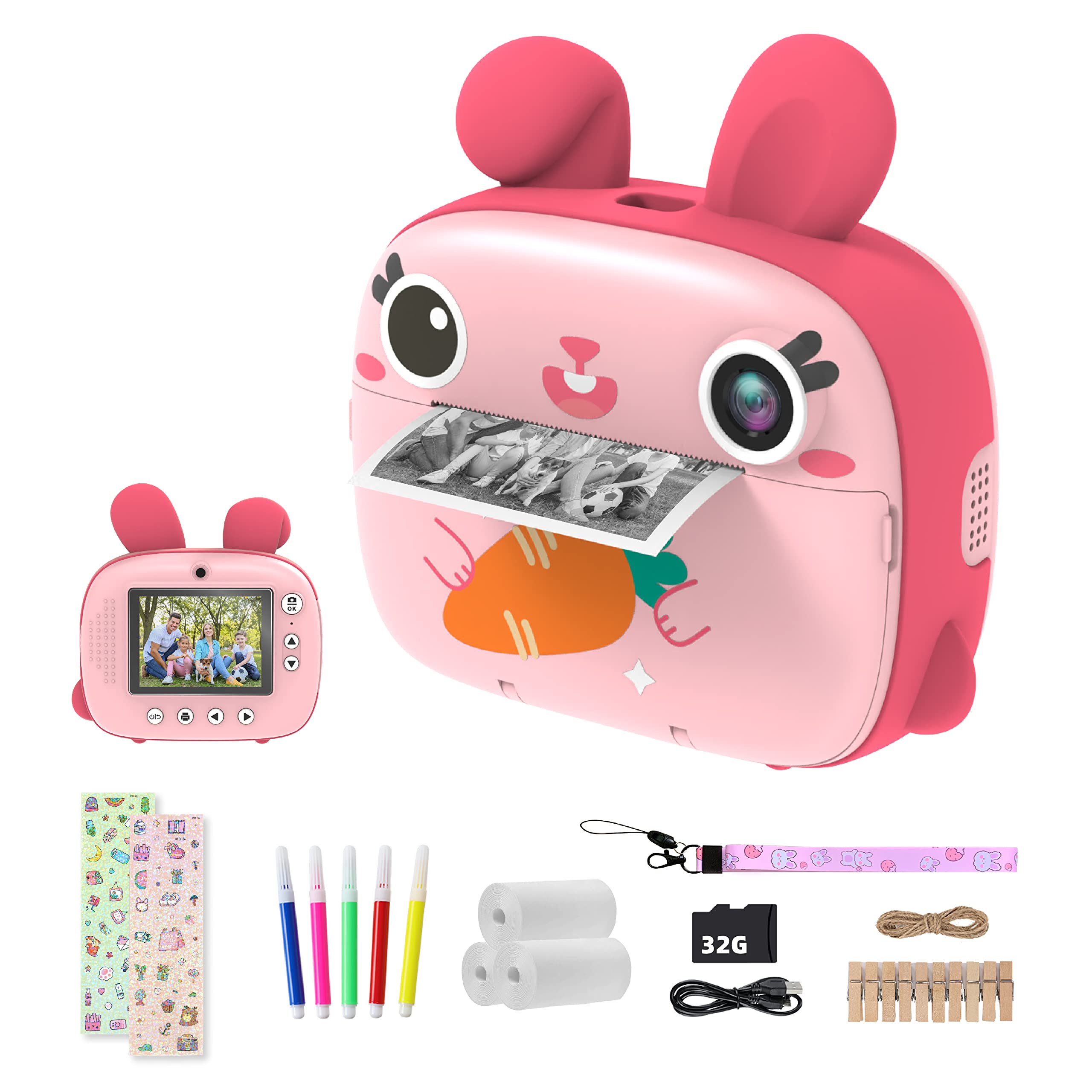 Camclid Instant Camera For Kids, 2.5K Kids Camera Instant Print With No Ink Print Paper & 32G Card,Selfie Digital Camera & 1080P