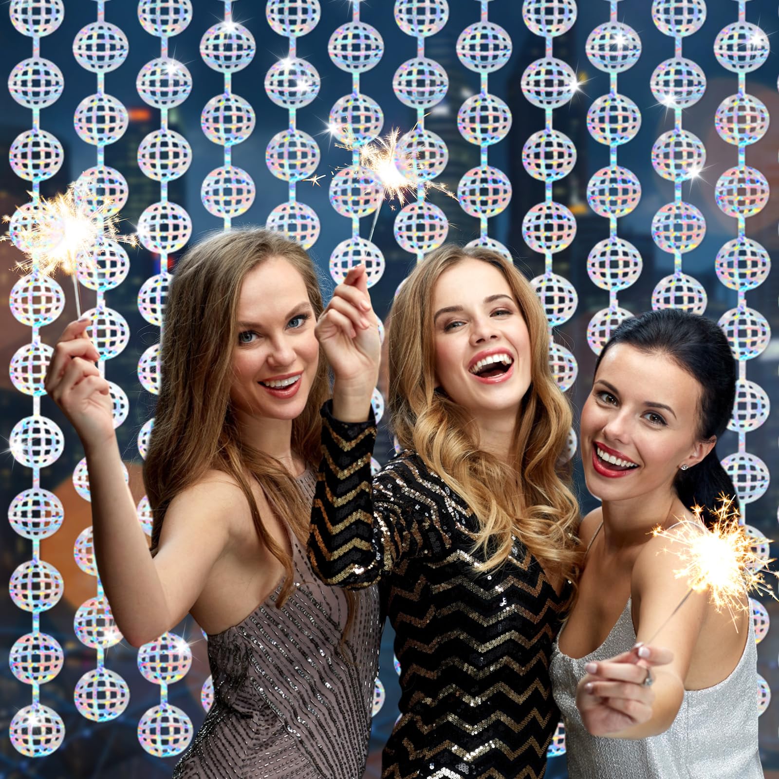 Blosssound 2 Pcs Disco Ball Backdrop 3.3 X 6.6 Ft 70S Party Backdrop Decorations Iridescent Disco Foil Fringe Curtains Disco Par