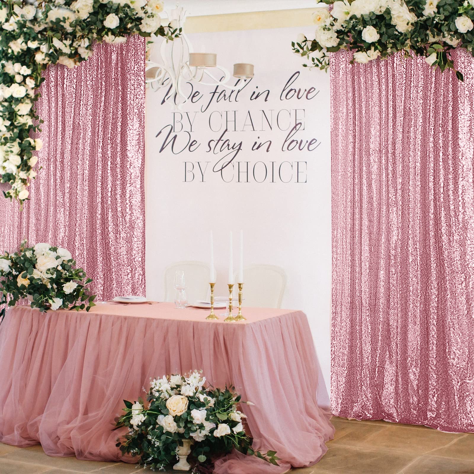 Hahuho Rose Pink Sequin Backdrop Curtain, 4Pcs 2Ftx8Ft Glitter Backdrop Curtain For Parties, Christmas, Wedding, Banquet Decorat