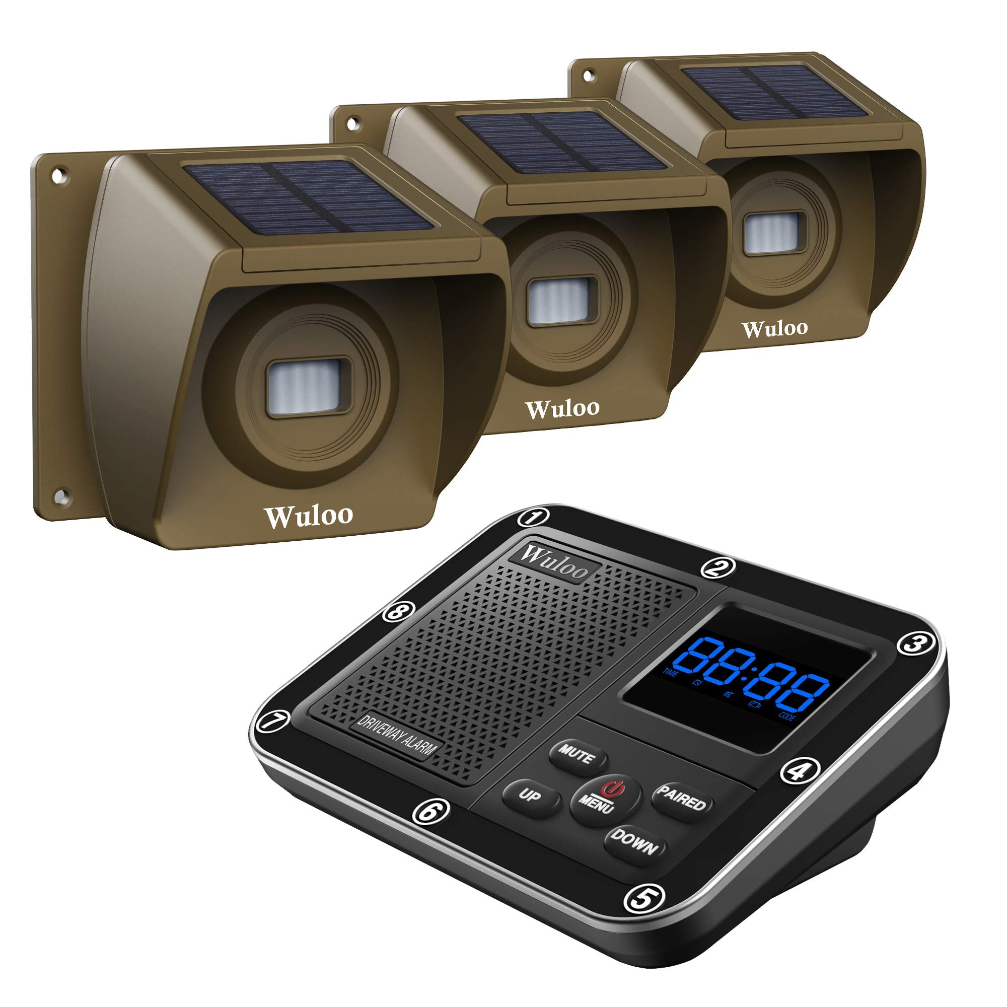 Solar Driveway Alarm Wireless Outside 1800Ft Range, Outdoor Motion Sensor & Detector Driveway Alert System With Rechargeable Battery/Weatherproof/Mute Mode(1&3 Brown)