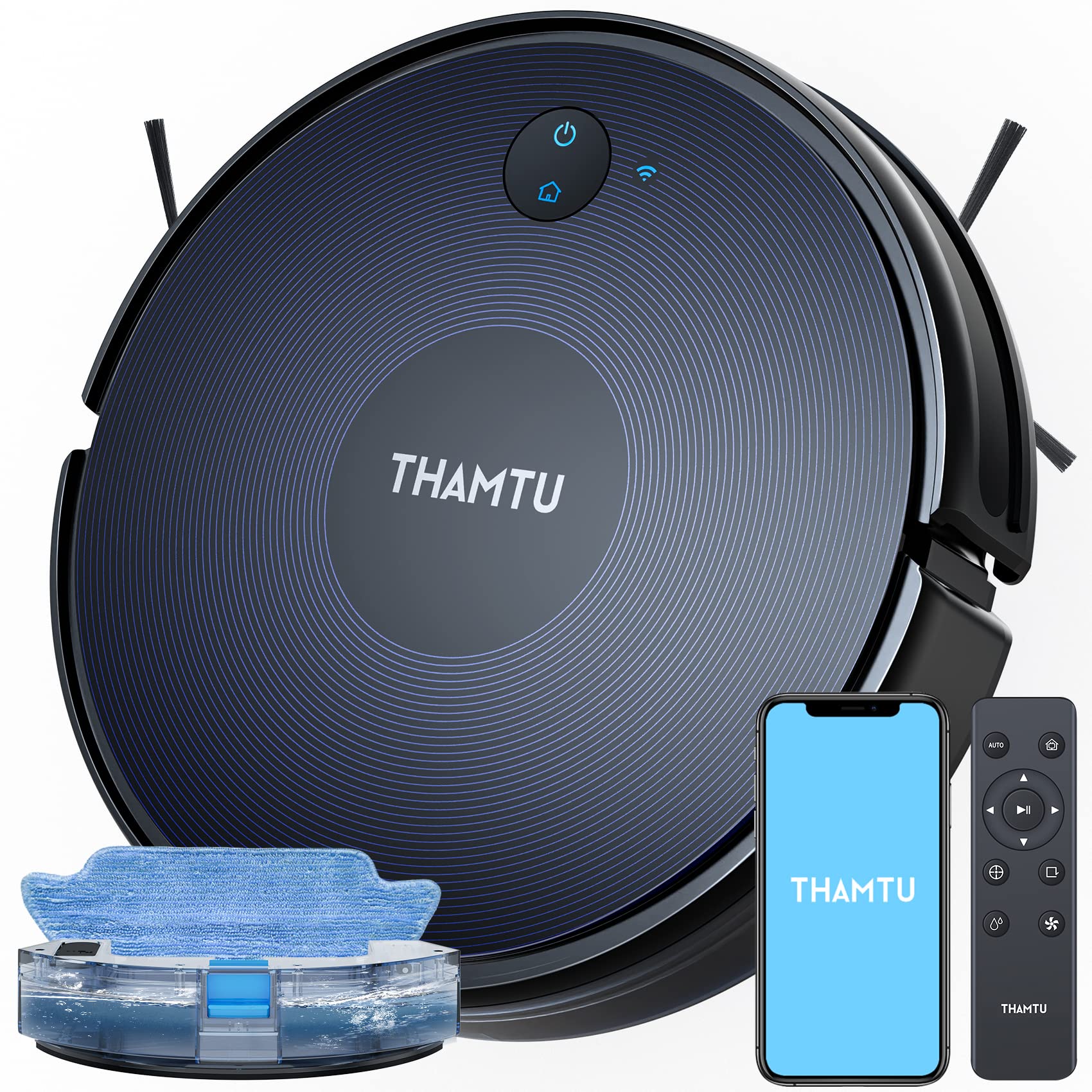 Thamtu Robot Vacuum And Mop Combo, 130Min Runtime, App&Voice Control, Ultra Thin, Tangle Free, Self Charging Robotic Vacuum Clea