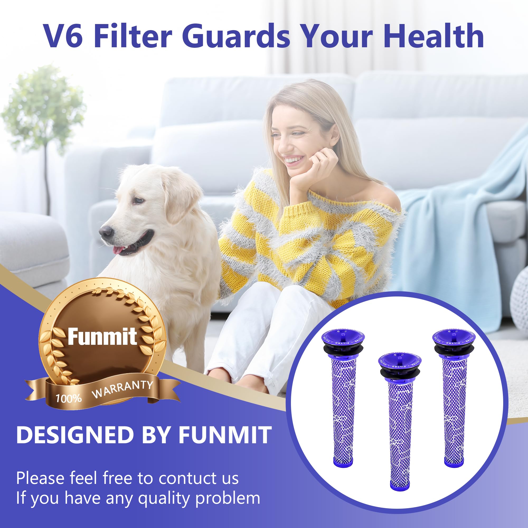 Funmit 3-Pack Pre Filter Replacement for Dyson V6/V7/V8, Model 965661-01, Deep Purple, Durable ABS Material
