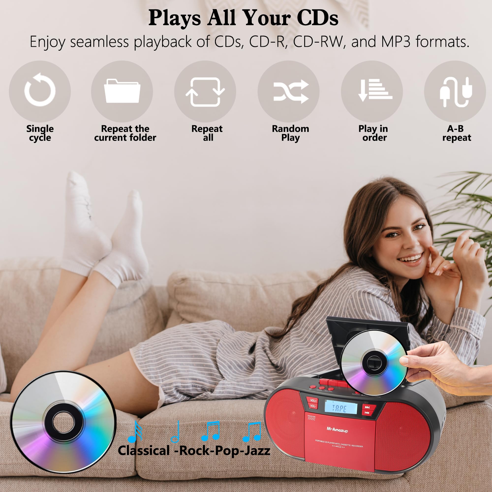 M-Amazup Boombox Cd Player Portable, Cassette Player Combo With Cd Mp3 Bluetooth Aux Tf Usb Fm Radio Ac/Dc Powered, Boom Box Wit