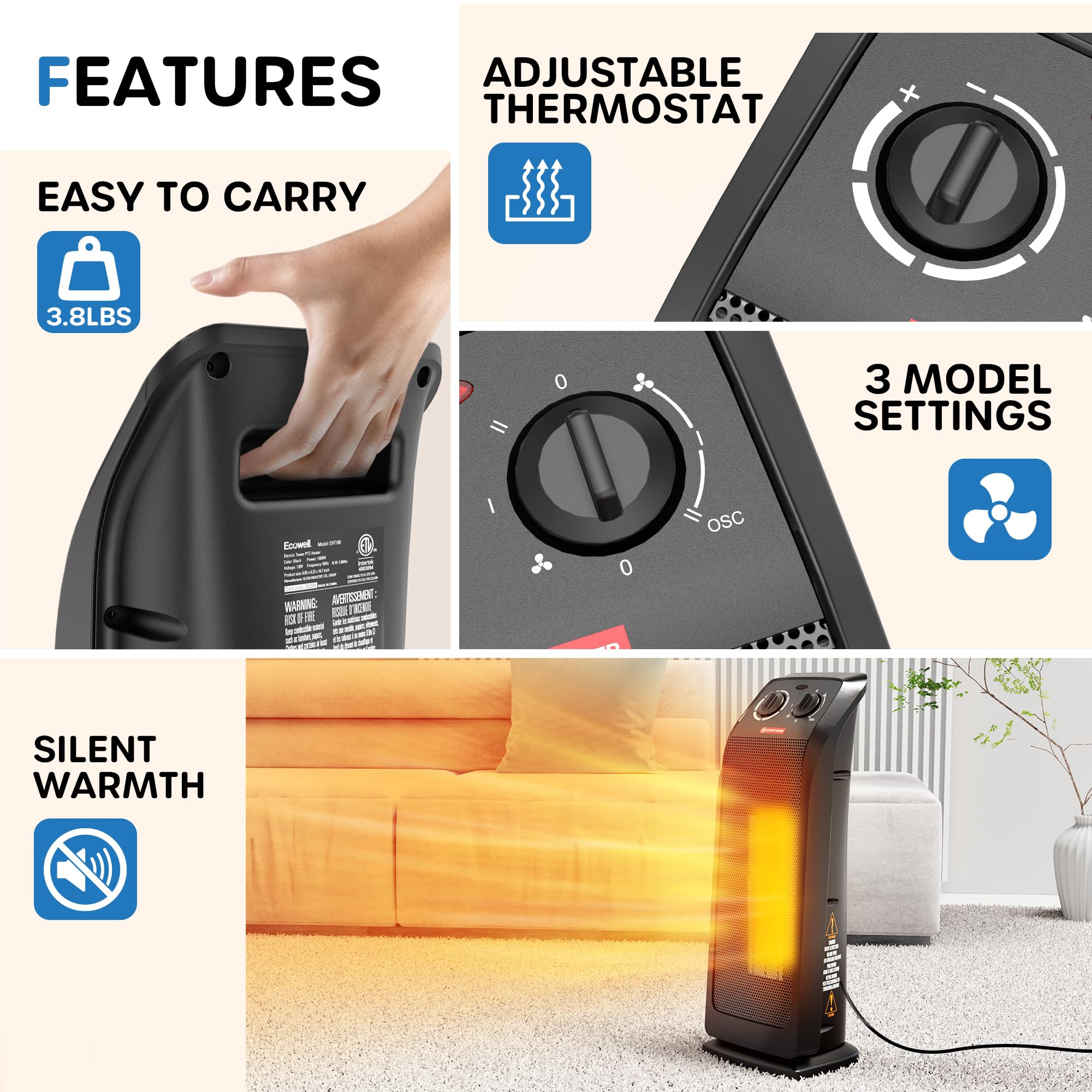 Ecowell 18'' Tower Heater For Indoor Use, 1500W Fast Heating Ceramic Electric Heater With Thermostat, 3 Modes, Tip Over Protecti