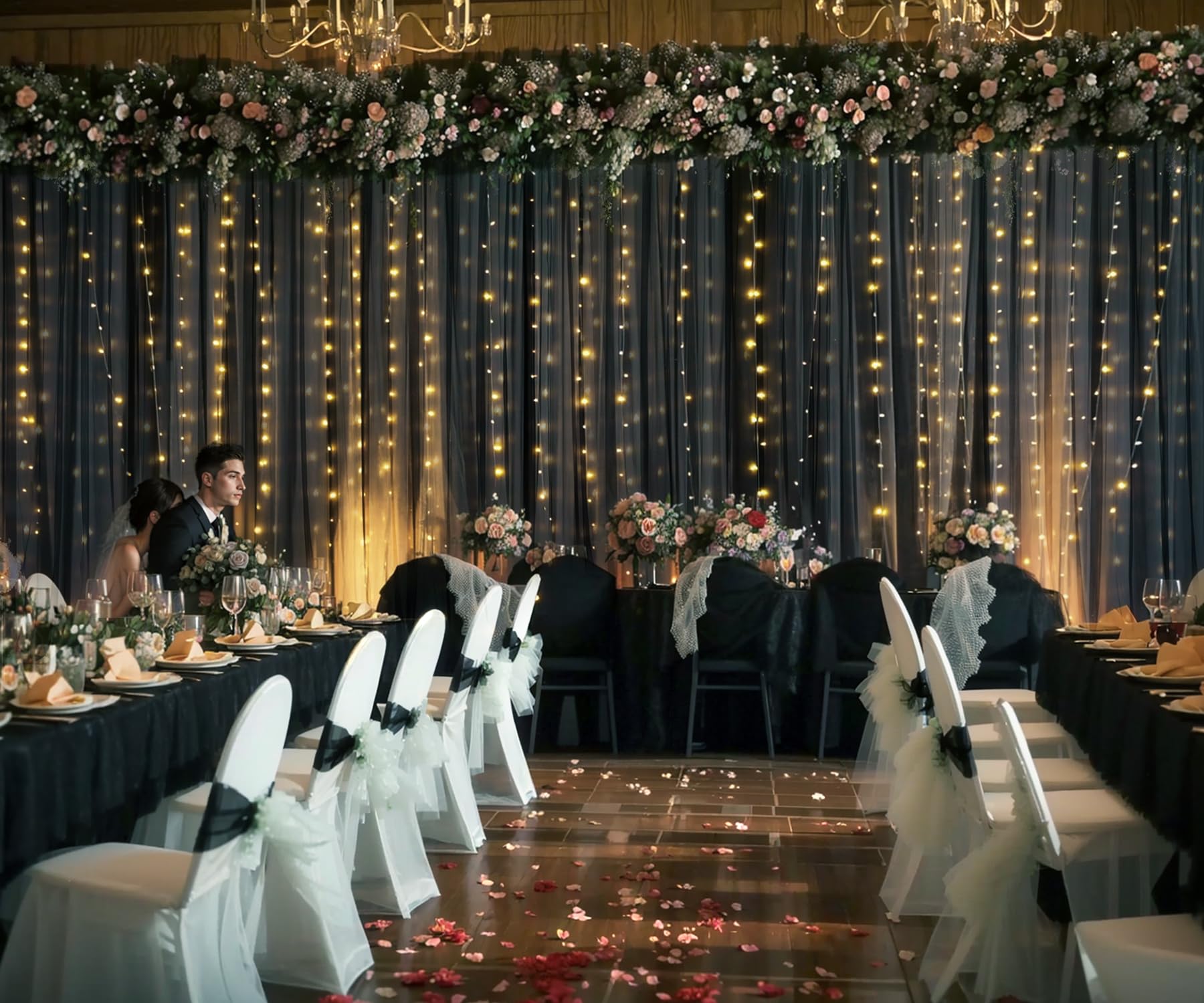 Black Backdrop Curtains With Lights String For Parties Wedding Bridal Shower 10  10Ft Sheer Tulle Backdrop Curtain Panels For Ba