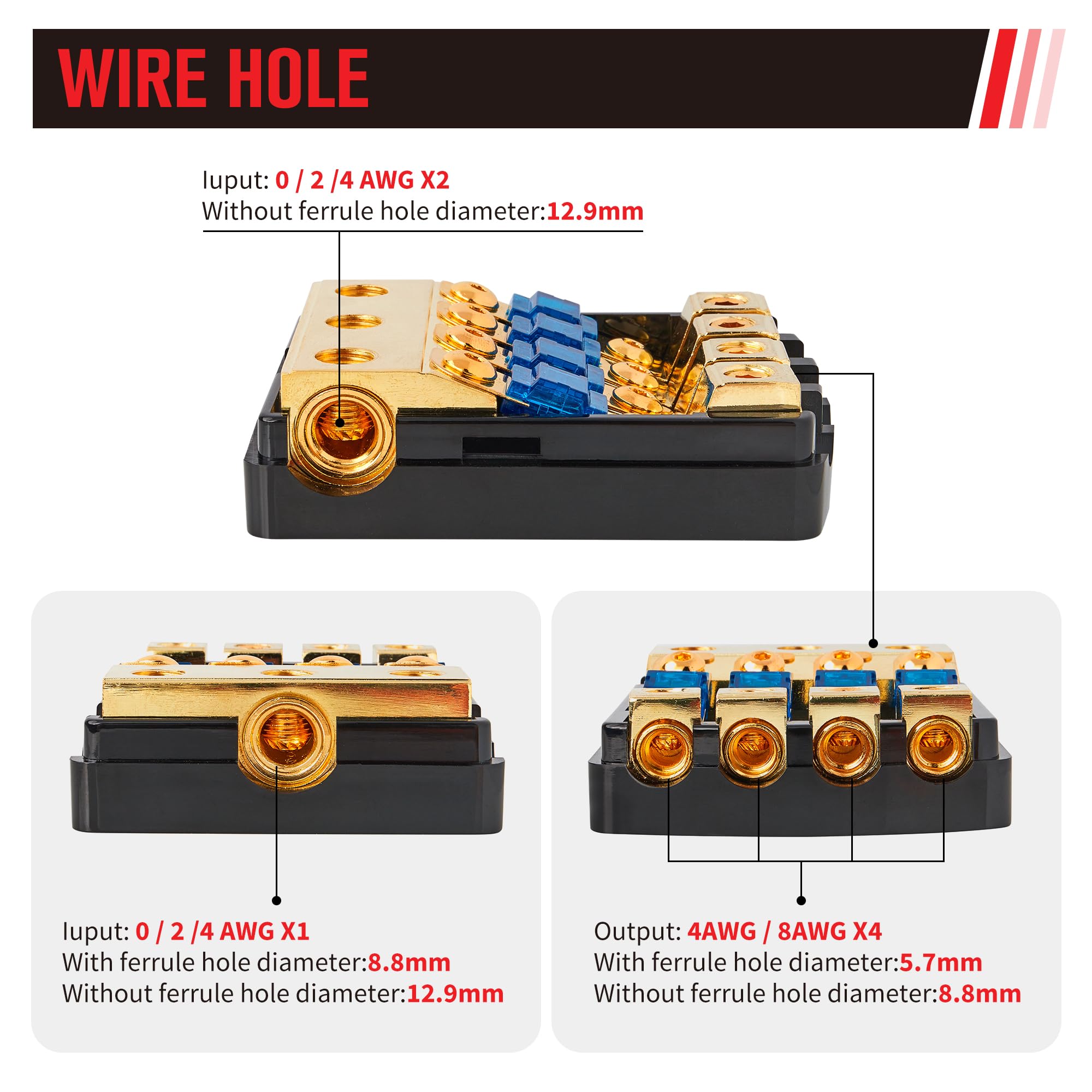 Red Wolf 4 Way Anl Fuse Holder 60A, 0/2/4 Gauge In 4/8 Gauge Out Fuse Distribution Block For Car Boat Trolling Motor Marine Audi