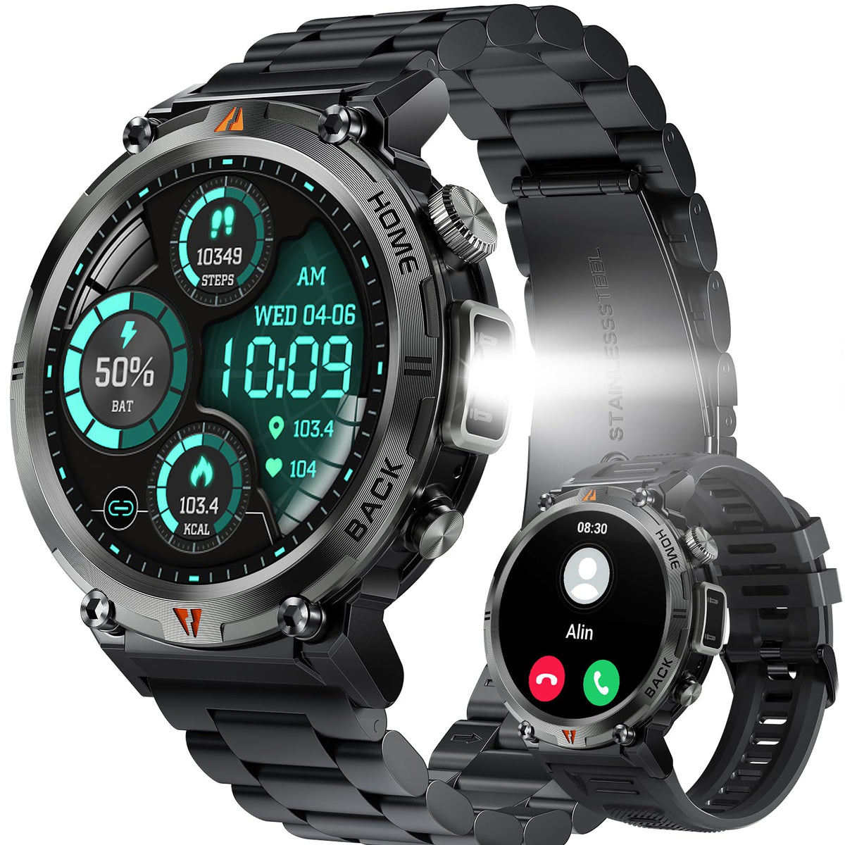 Military Smart Watch For Men With Led Flashlight, 1.45'' Hd Rugged Tactical Smartwatch (Call Receive/Dial), Outdoor Sports Fitne