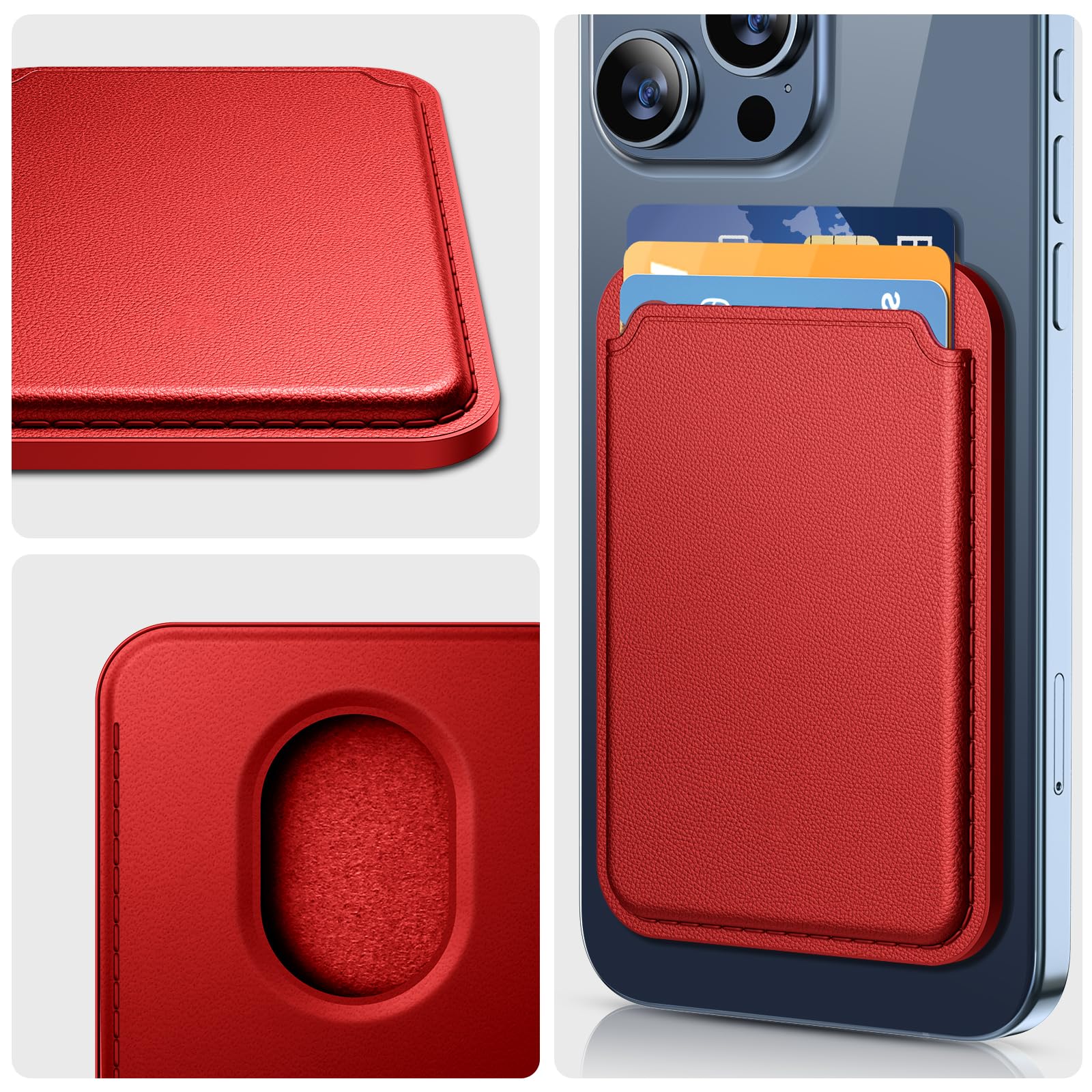 Miracase Magnetic Wallet, Compatible With Magsafe Wallet, 3 Card Holder, For Iphone 15/14/13/12 Series,Red