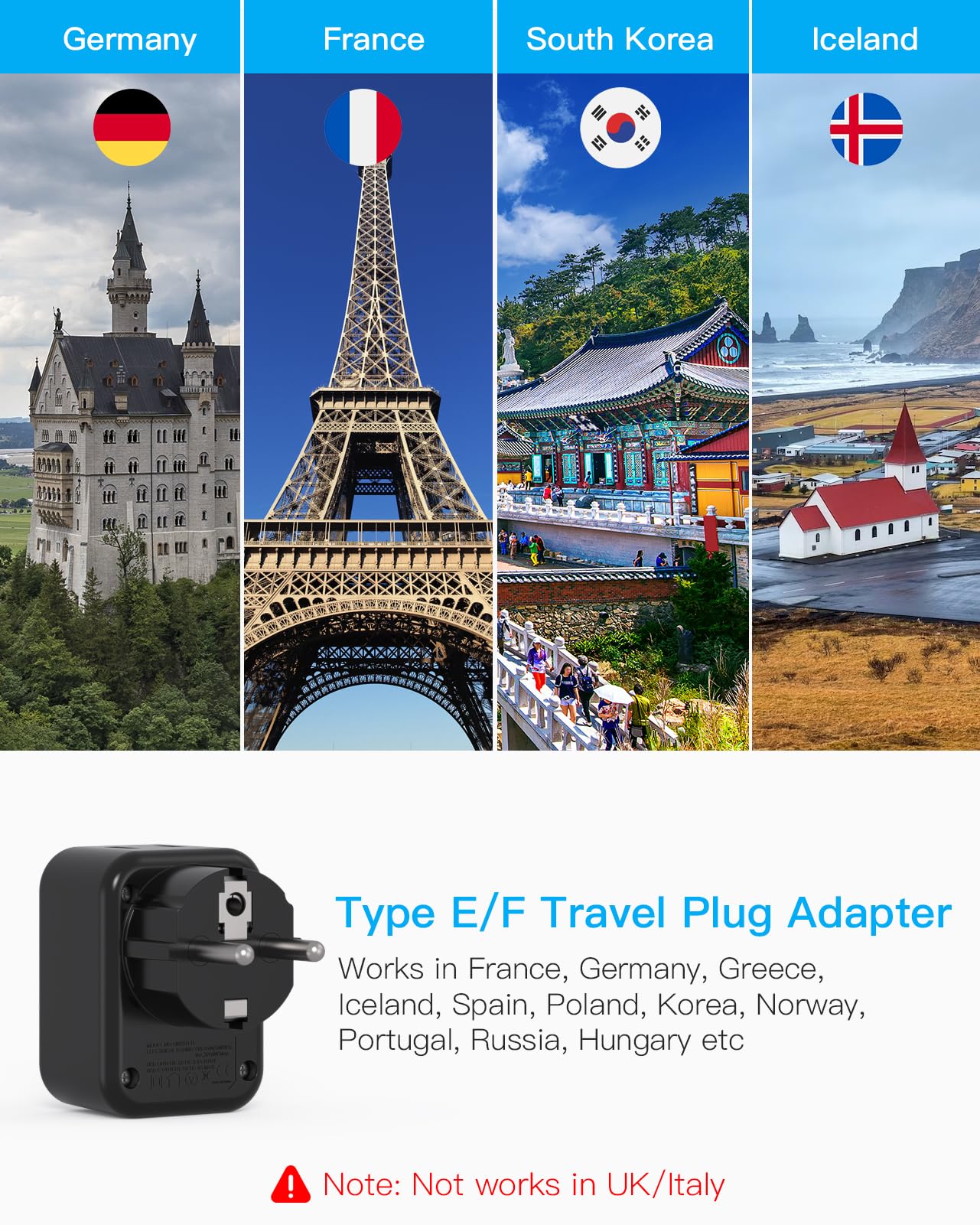 Type F Travel Plug Adapter, Germany France Type E Travel Power Adapter With 2 Outlets 3 Usb Ports(2 Usb C) For Us To Europe Eu S