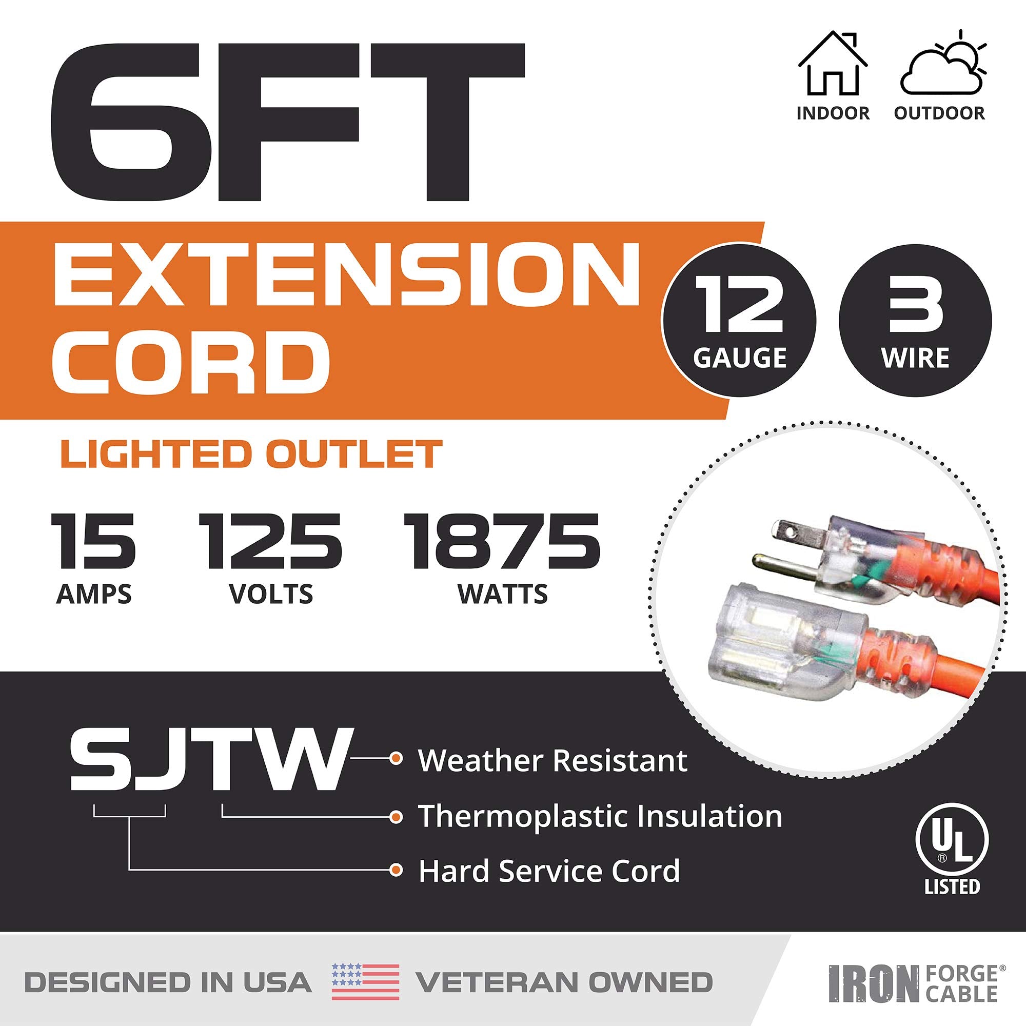 Iron Forge Cable 12 Gauge Extension Cord 6 Ft, 12/3 Sjtw 6 Foot Heavy Duty Extension Cord Outdoor 3 Prong, Weatherproof Orange P