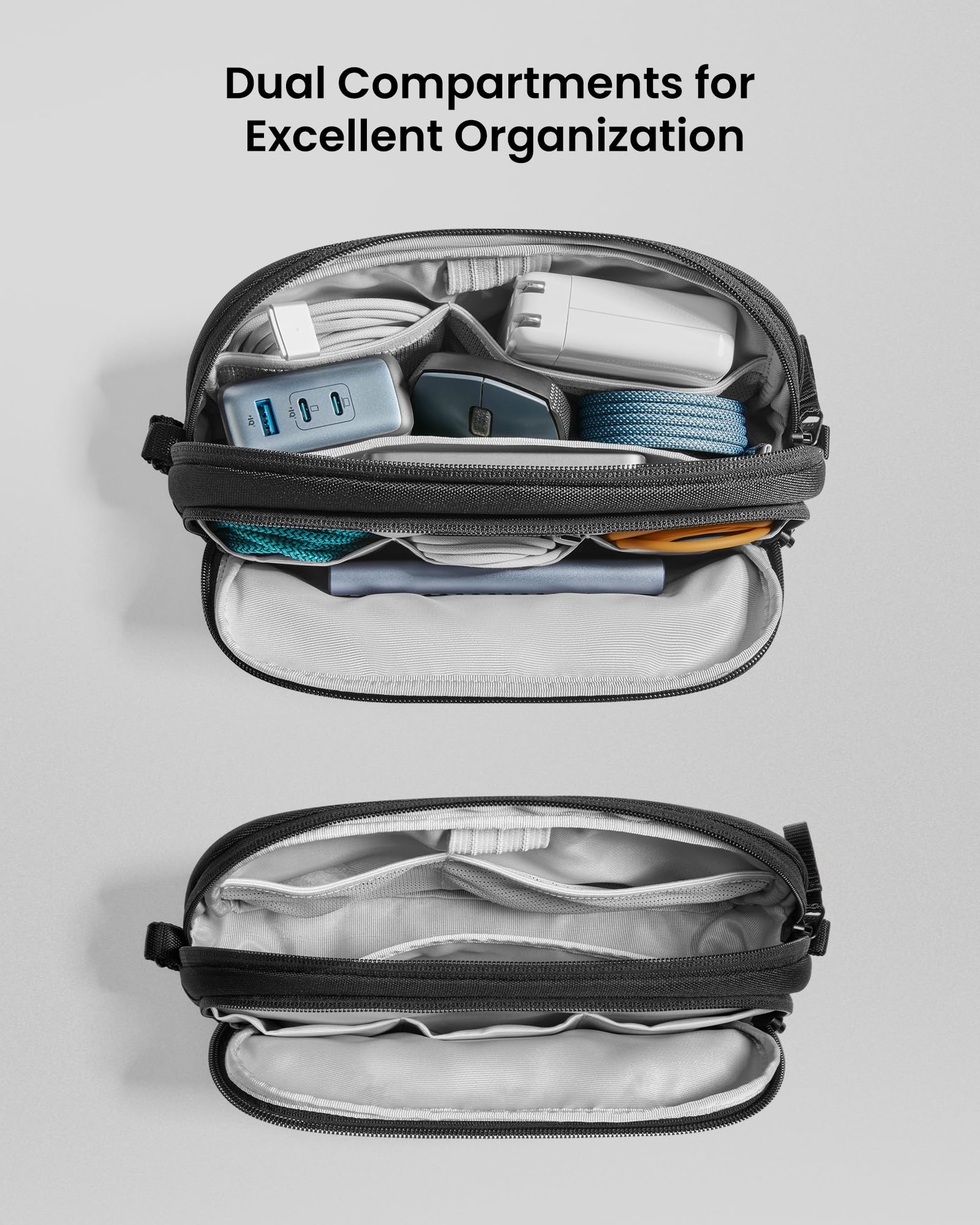 Tomtoc Electronic Organizer Travel Case, Water Resistant Dual Compartment Tech Pouch Cable Organization Storage Bag For Charger,