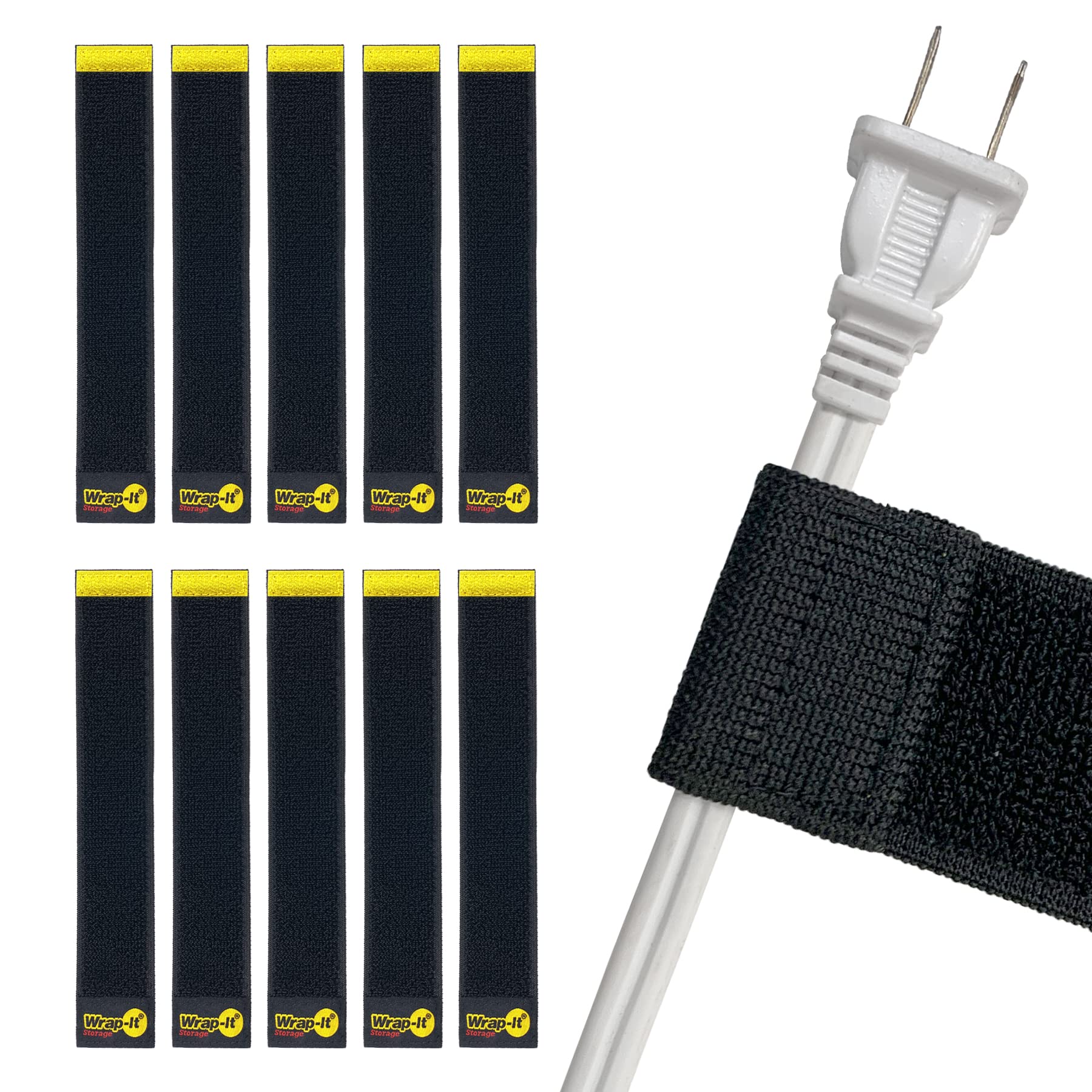 Selfie Straps By Wrap It Storage, 9 Inch (10 Pack), Black   Stretchy Hook And Loop Cord Organizer That Stays Attached To Cord Fo