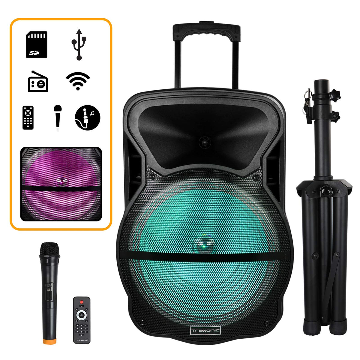 Trexonic Combination 15 Inch Portable Bluetooth Speaker And Tripod Stand With Reactive Lights, Fm Radio, Usb/Tf Inputs, Recharge