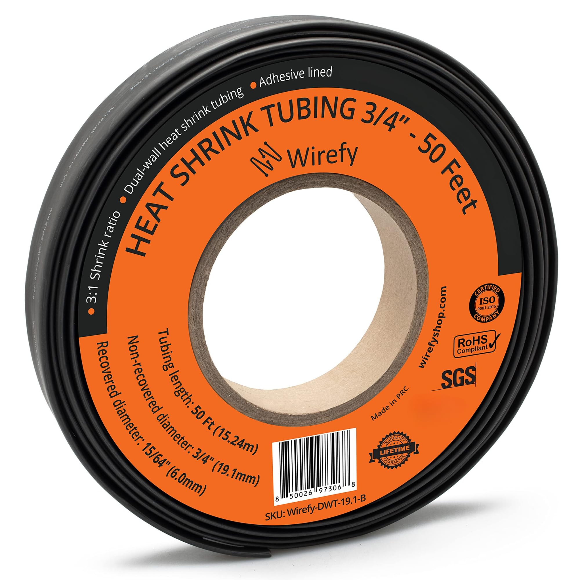 Wirefy 3/4 Heat Shrink Tubing - Large Diameter - 3:1 Ratio - Adhesive Lined - Industrial Heat-Shrink Tubing - Black - 50 Feet Ro