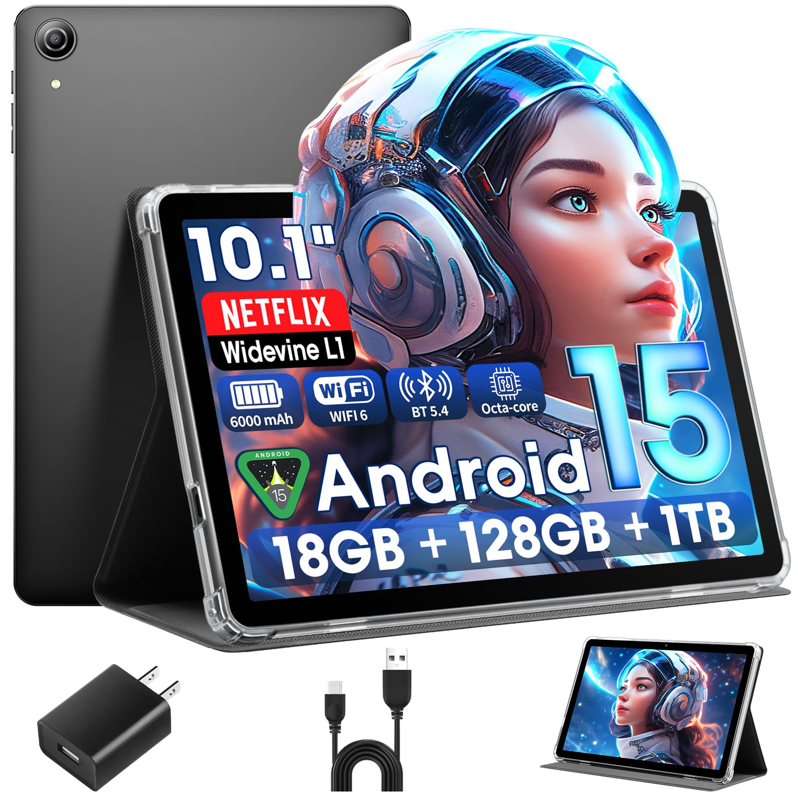 Raemond Android 15 Tablet 10 Inch with Case, 18GB RAM 128GB ROM, 1280 x 800 IPS HD Widevine L1, Octa-Core, 1TB Expandable, WiFi