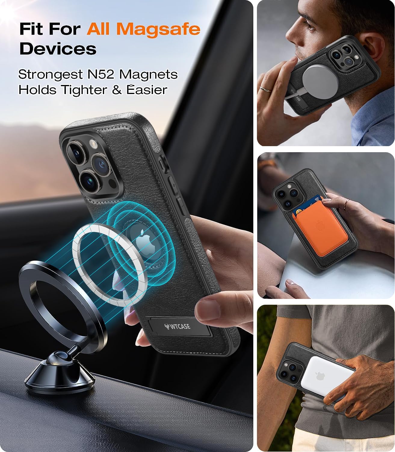 Wtcase Magnetic For Iphone 15 Pro Max Leather Case,Built In Invisible Stand [Compatible With Magsafe] Protective Slim Kickstand