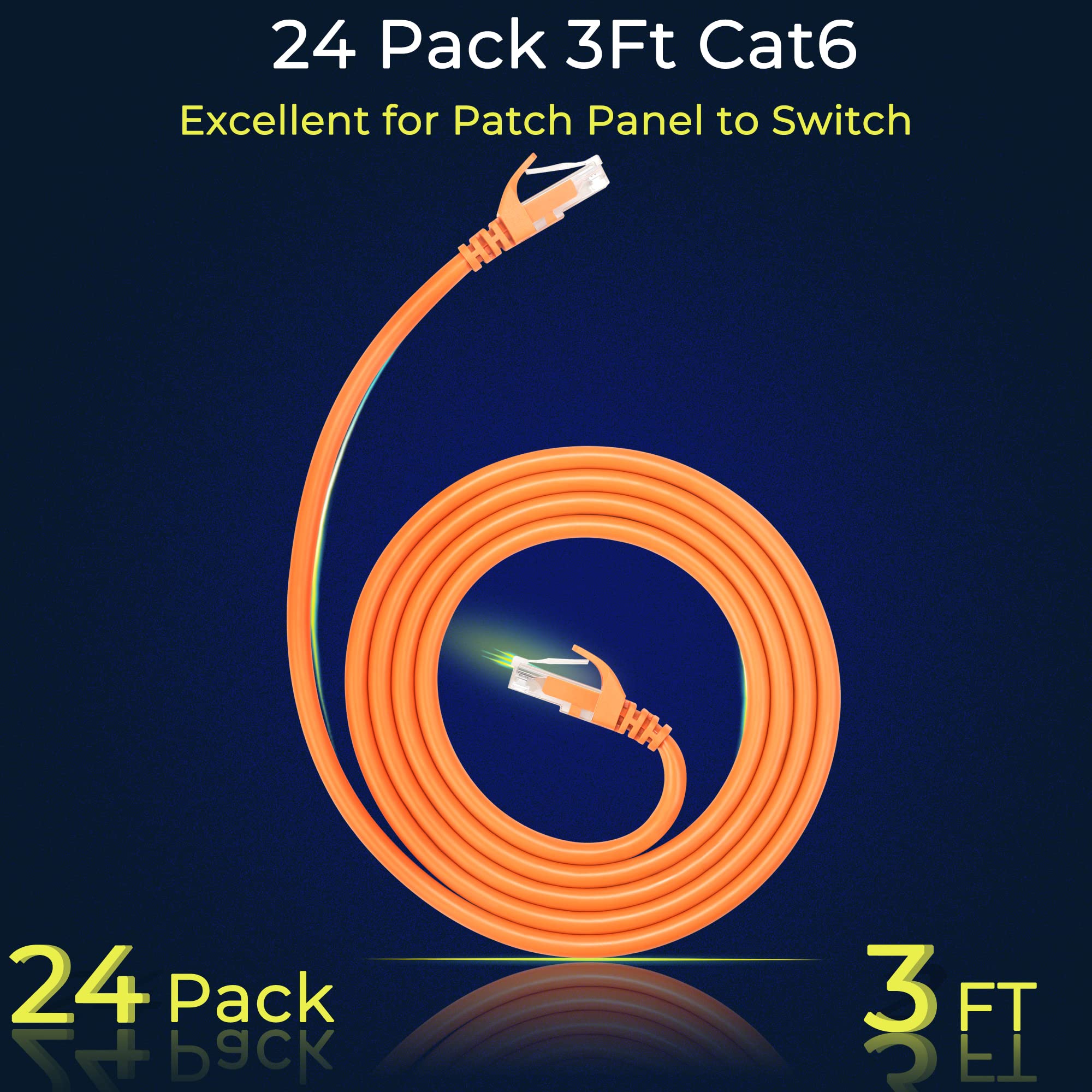 Rapink Patch Cables Cat6 3Ft (24 Pack), Ethernet Patch Cable 10G Support, Cat 6 Patch Cable For Patch Panel To Switch, Flexiable Cat 6 Ethernet Cable With Gold Plated Orange