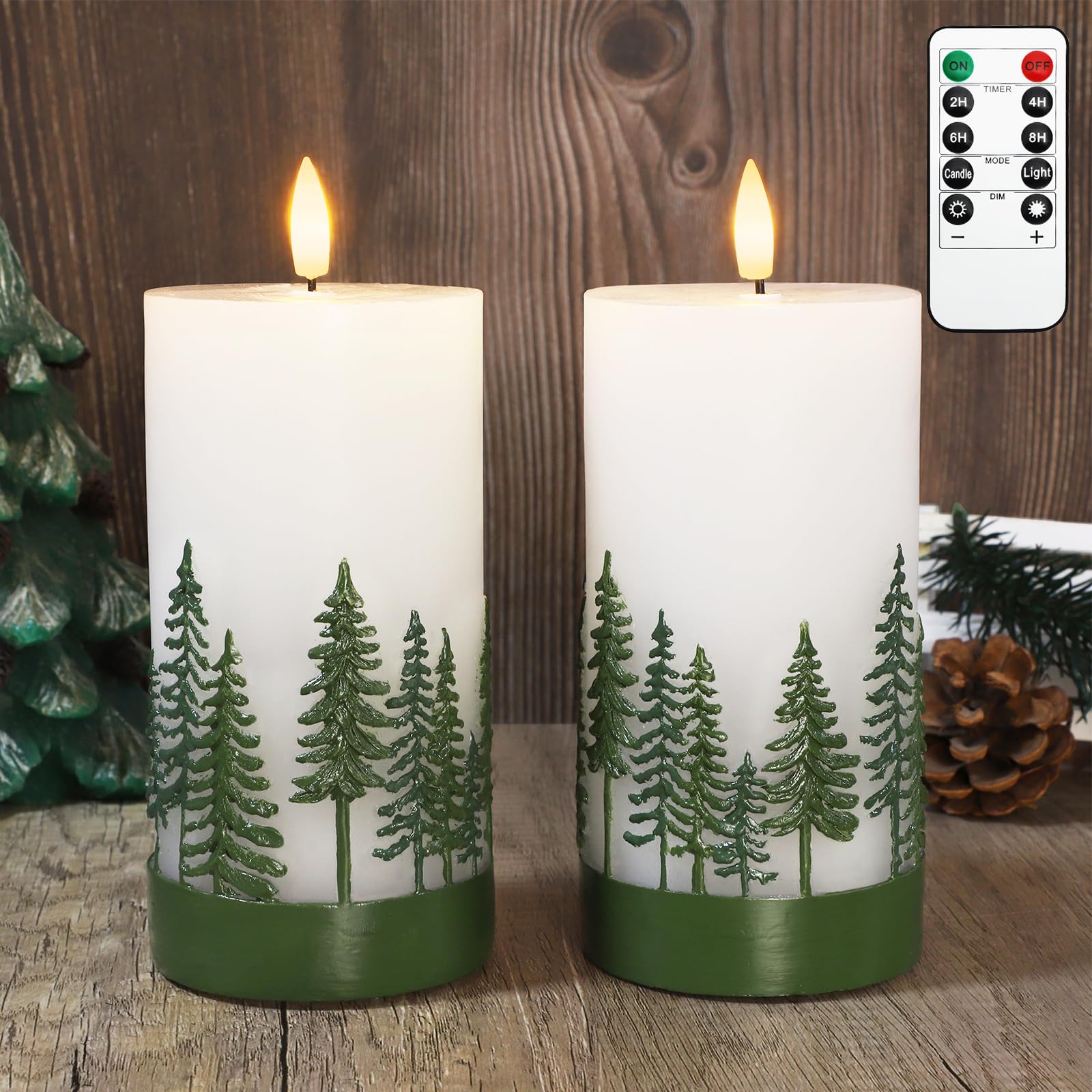 CRYSTAL CLUB Christmas Tree Flameless Candles, Battery-Powered LED Pillar Candle with Remote, 3D Flickering & Real Wax Embossed 