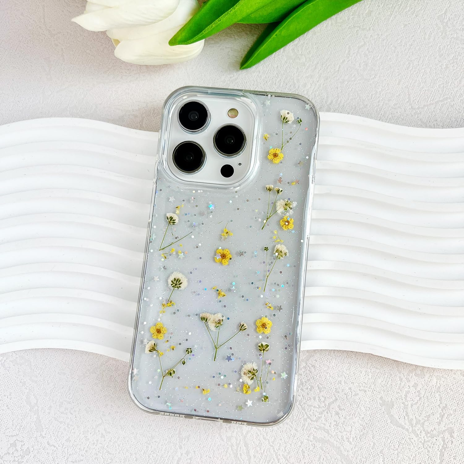 Lseeka For Iphone 14 Pro Clear Case With Pressed Real Flowers Design,Glitter Cute Yellow Floral Pattern Slim Soft Tpu Protective