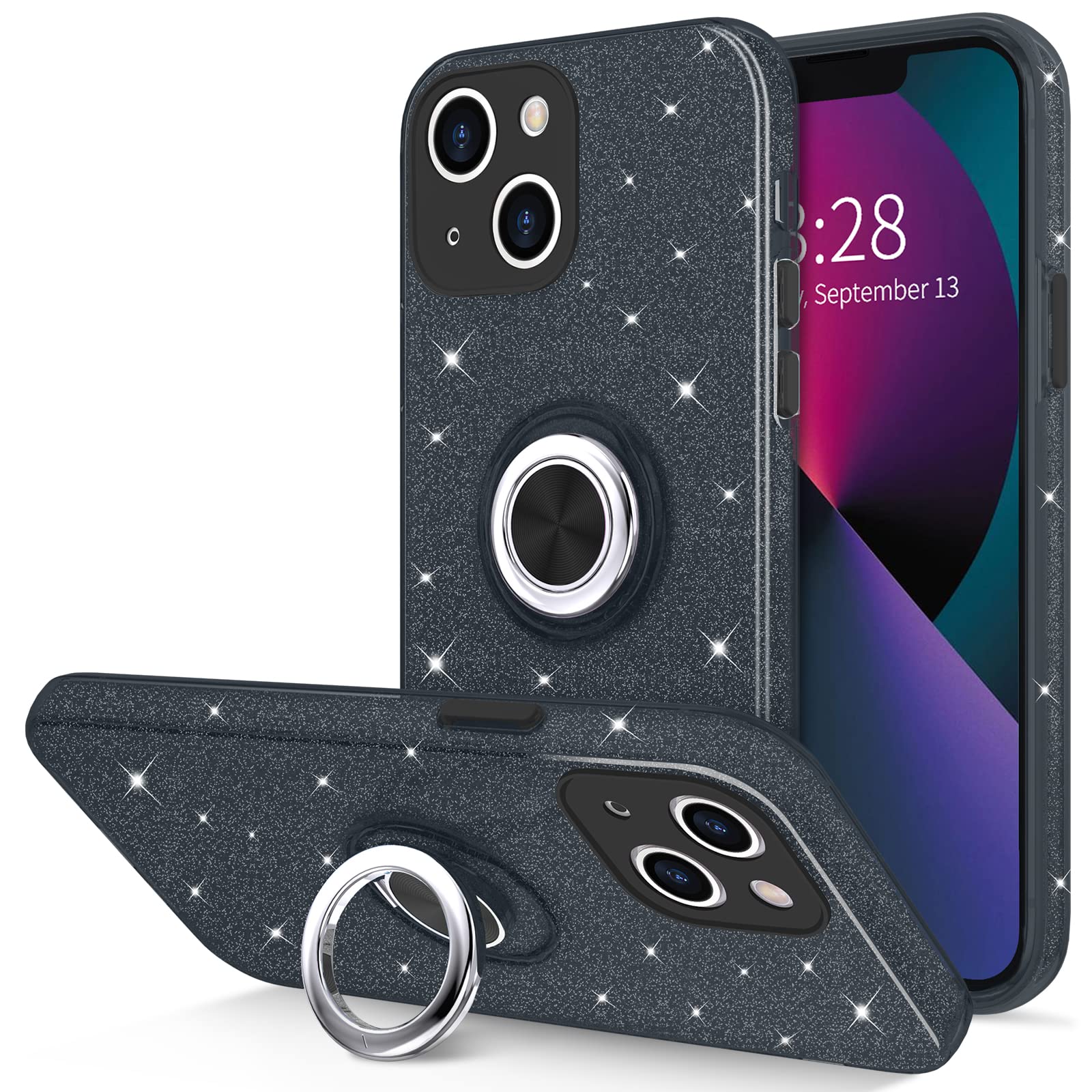 Hython For Iphone 13 Case With Ring Stand [360 Rotatable Ring Holder Magnetic Kickstand] [Support Car Mount] Cute Sparkly Glitte