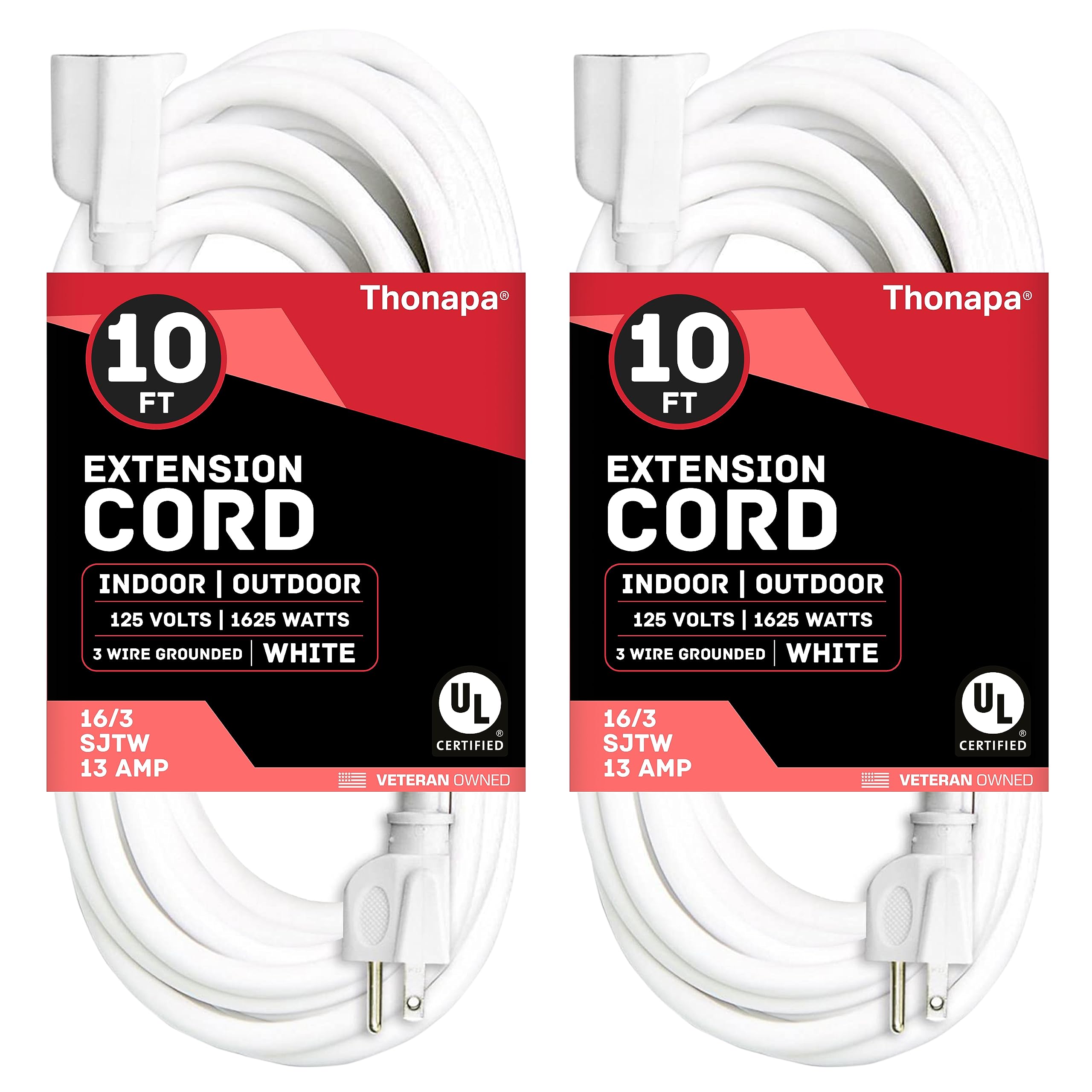 Thonapa 2 Pack White Extension Cord 10 Ft, 16/3 Sjtw Weatherproof Indoor & Outdoor Extension Cord 3 Prong Grounded Plug, Heavy D