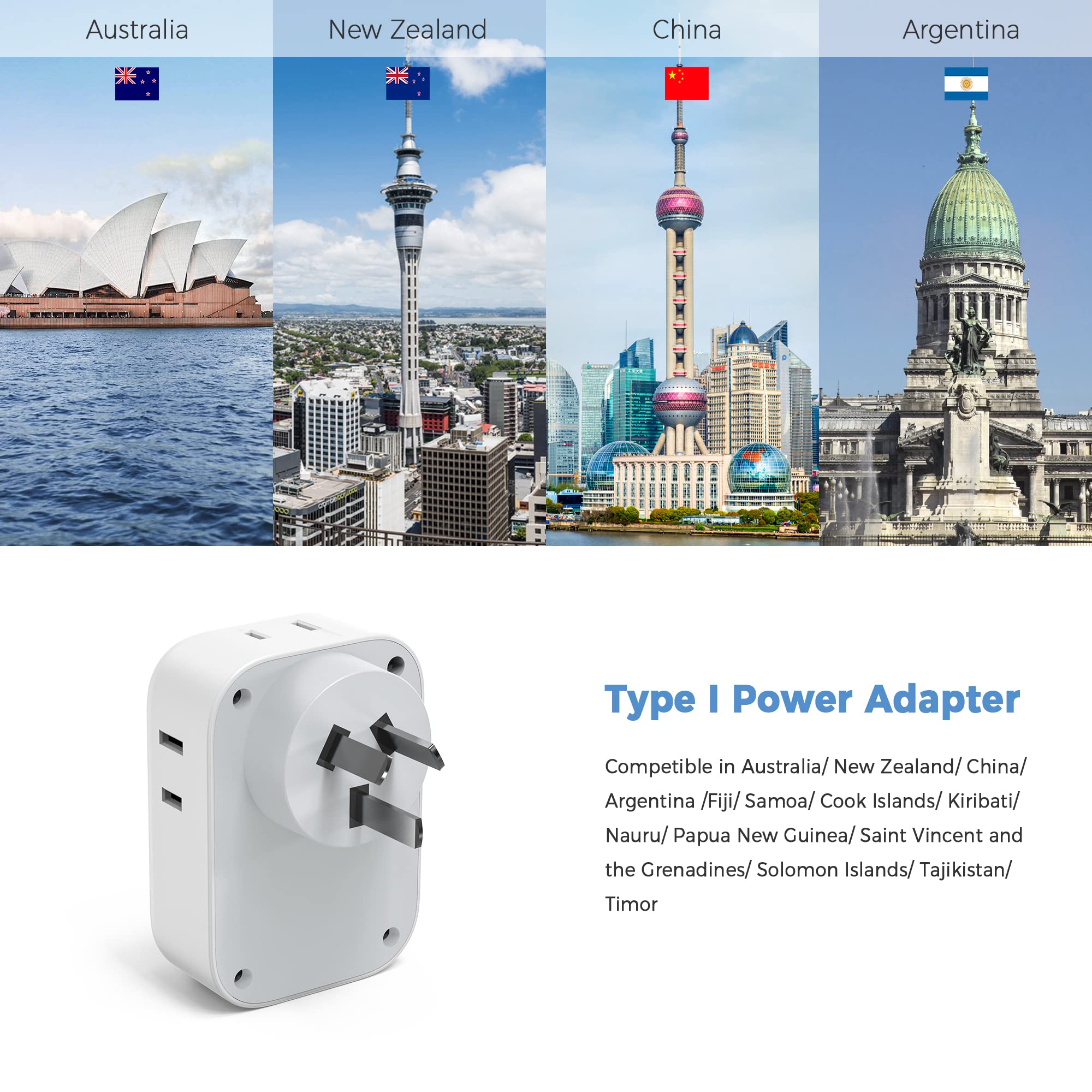 TESSAN Type I Travel Adapter with 4 Outlets & 3 USB Ports, Model TS-161-AU-C, Grey-White, Ideal for Australia & New Zealand Travel
