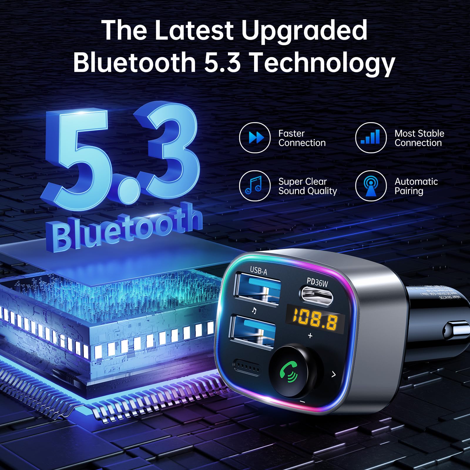 Syncwire Bluetooth 5.3 Fm Transmitter Car Adapter 48W (Pd 36W & 12W) [Light Switch] [Hi Fi Deep Bass] [Fast Charge] Wireless Rad