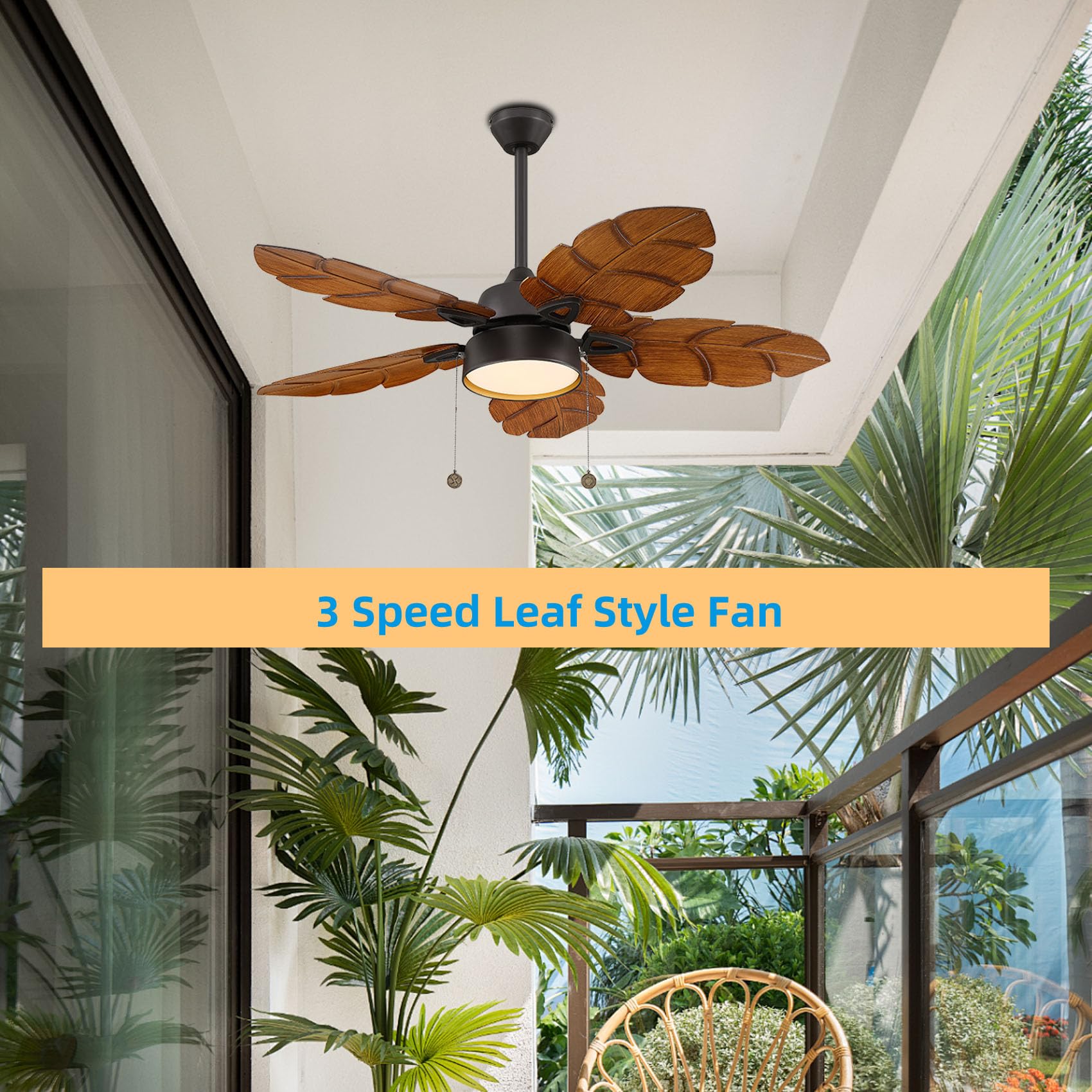 Senroyal 52 Inch Ceiling Fan With Light Pull Chain, Tropical Indoor And Outdoor Ceiling Fan For Patio, Bedroom, Living Room, Rev