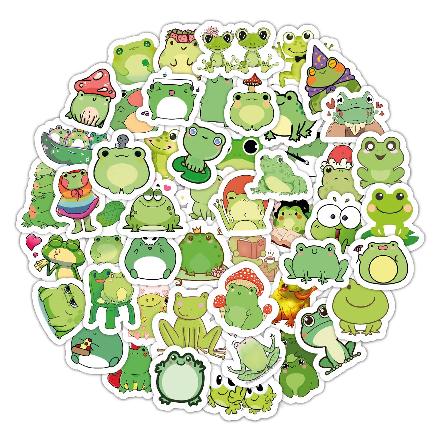 Bulbacraft Kawaii Frogs Stickers Set, 50 Pcs Green & White Vinyl Decals For Kids, Waterproof, Scratch Resistant, Indoor Usage, S