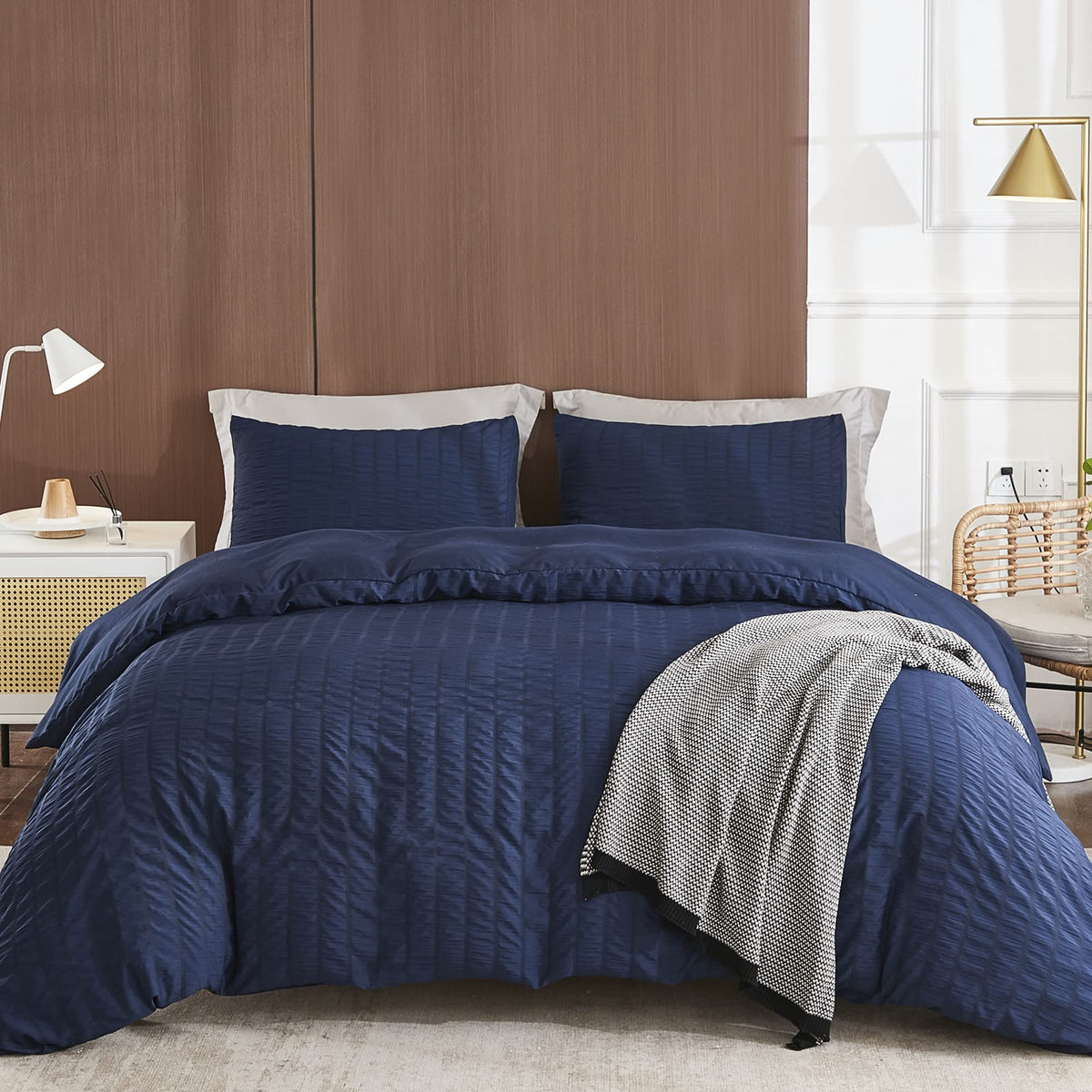 Avelom Navy Blue Duvet Cover King (104 X 90 Inches), 3 Pieces (1 Duvet Cover  2 Pillow Cases), Seersucker Textured Ultra Soft Wa
