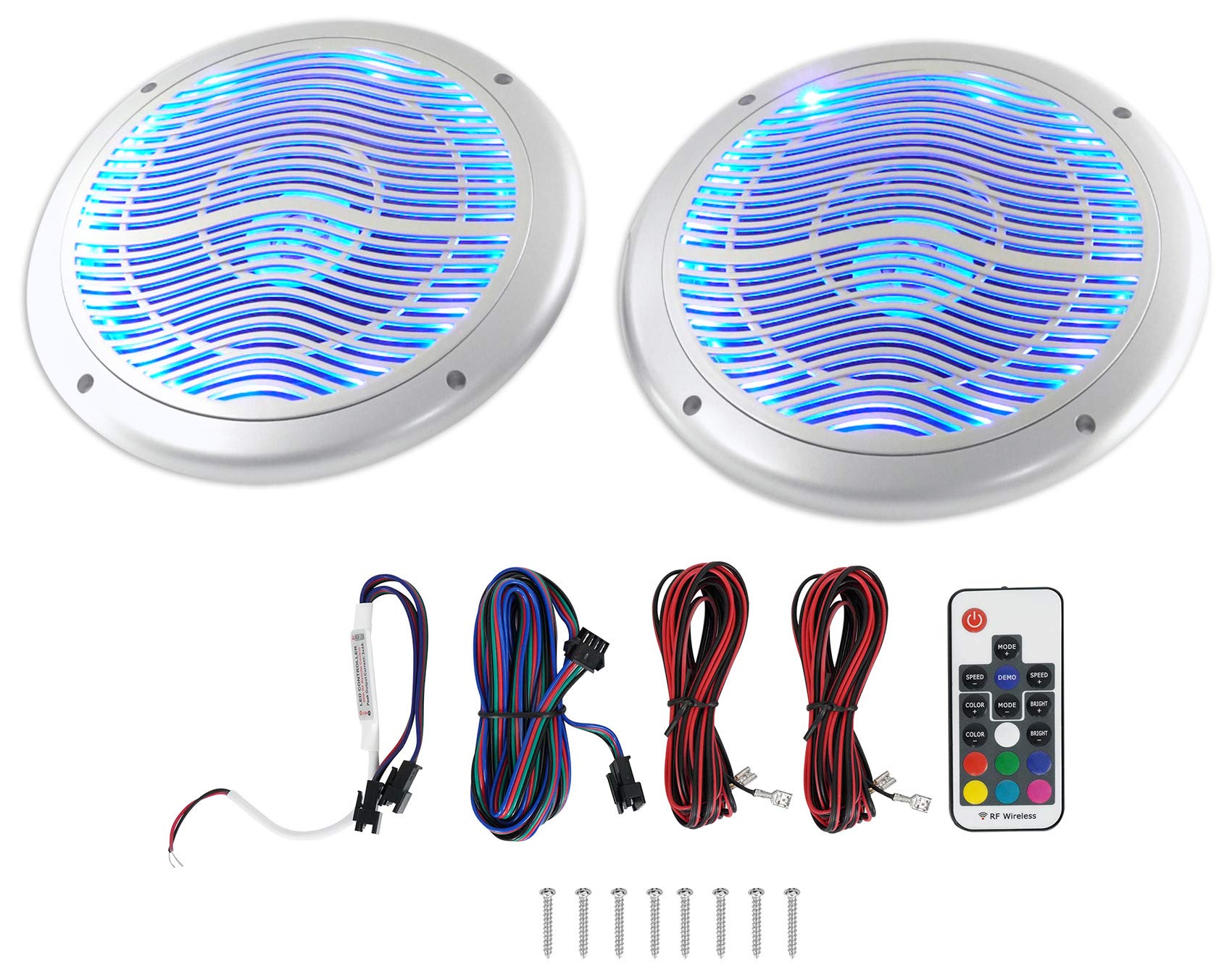 Rockville RMC65LS Pair 6.5 2-Way Silver Marine Speakers, 600W Peak/150W RMS, Multi-Color LED, Remote, Waterproof, for Boats & Ou