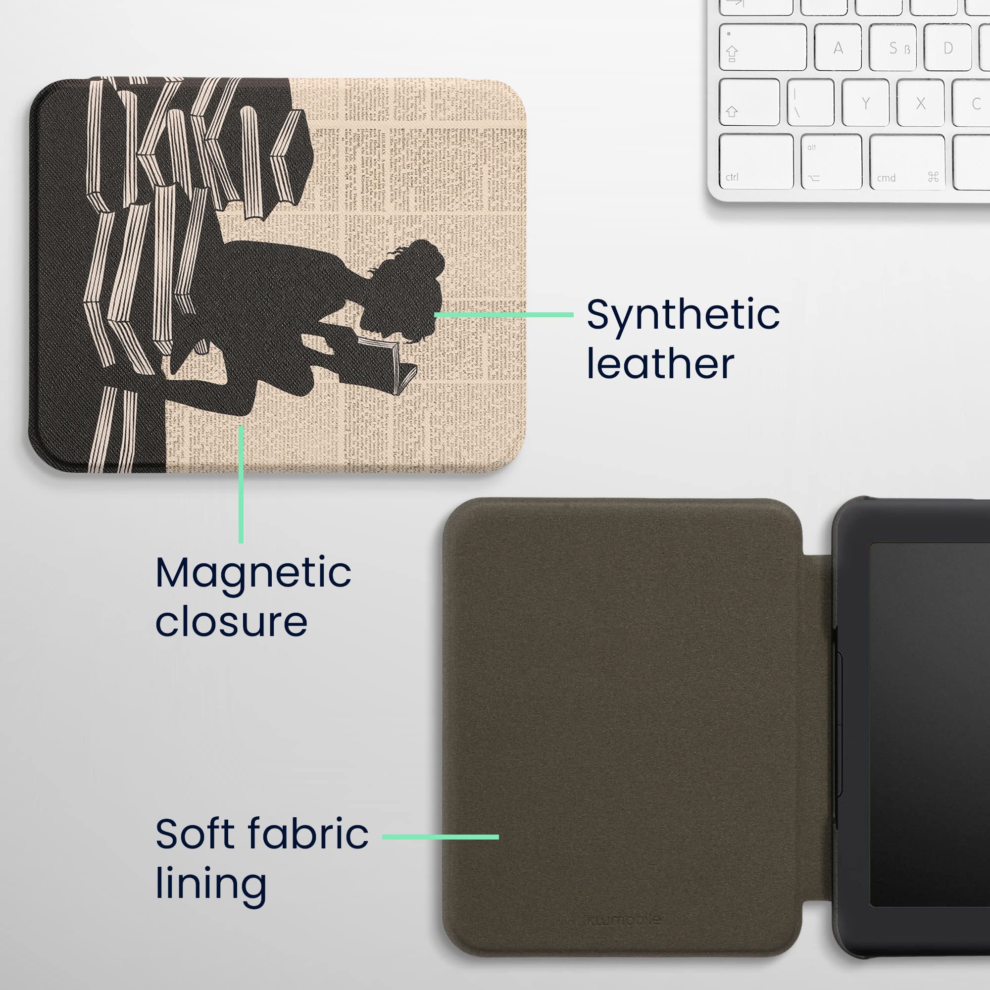 Kwmobile Case Compatible With Barnes & Noble Nook Glowlight 4 / 4E Case   Ereader Cover   Girl And Books Black/Beige