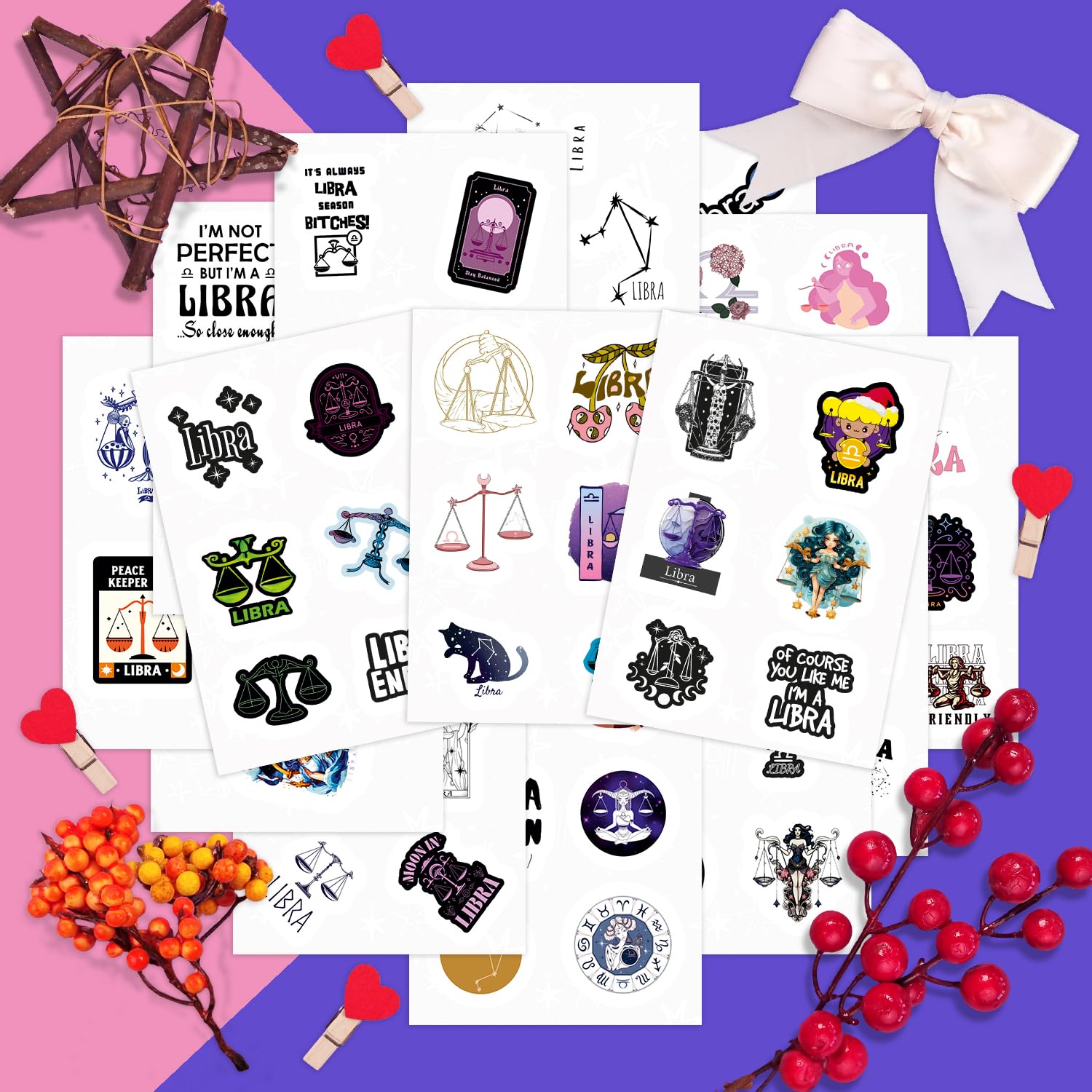 100Pcs Libra Stickers (Zodiac) For Water Bottle And Laptop   Libra Party Favors & Decorations, Waterproof Vinyl Astrology Decals