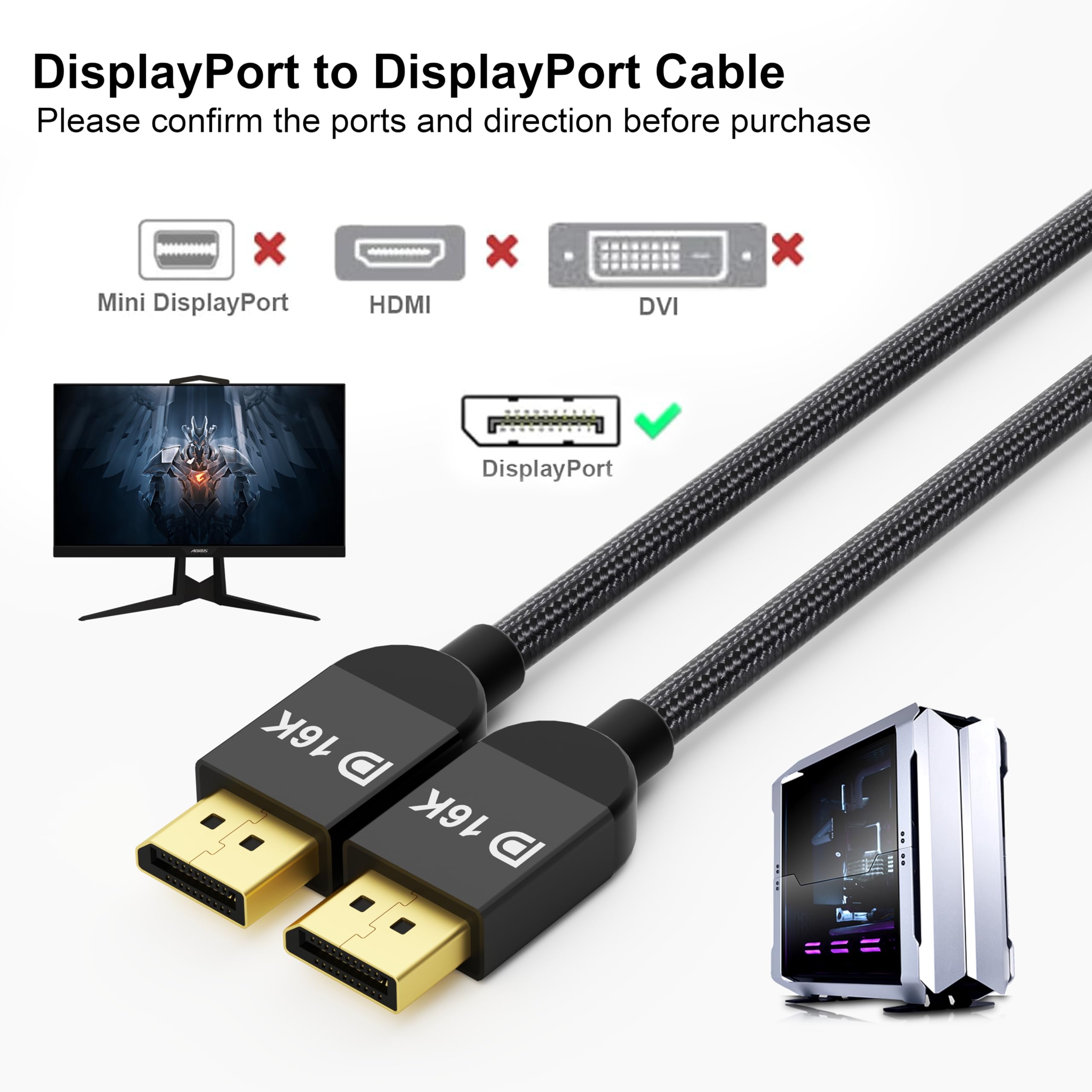 RUIPRO DisplayPort 2.1 Cable 10FT, 80Gbps UHBR20, 16K@60Hz, Black, Model SNCDP21V-3M,
