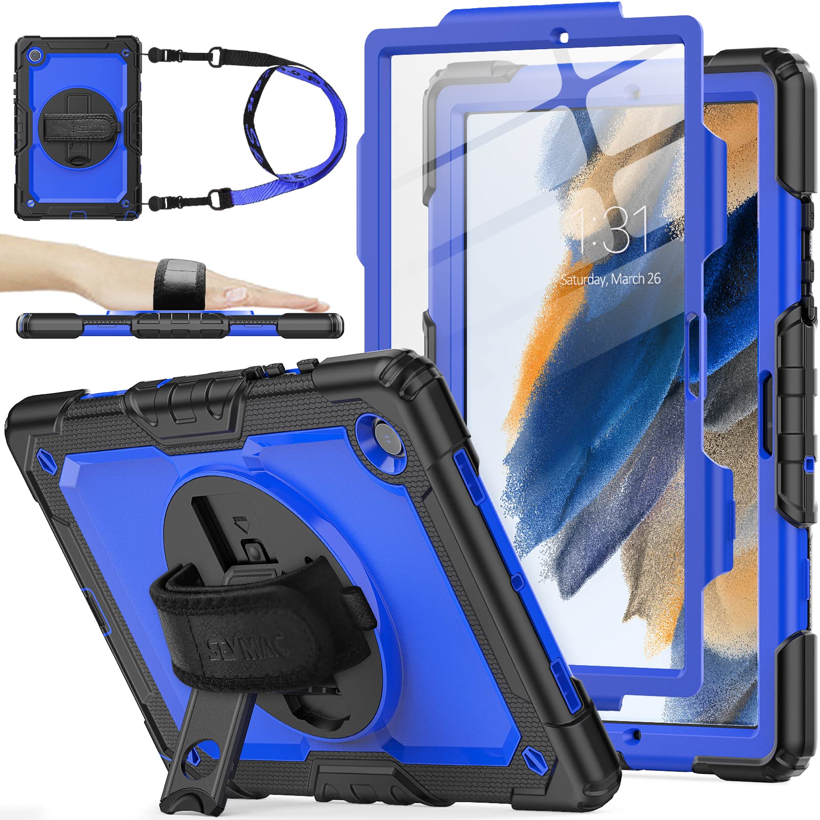 Seymac Stock 360 Hand Strap Shockproof Case For Samsung Galaxy Tab A8 10.5 Inch, Blue+Black