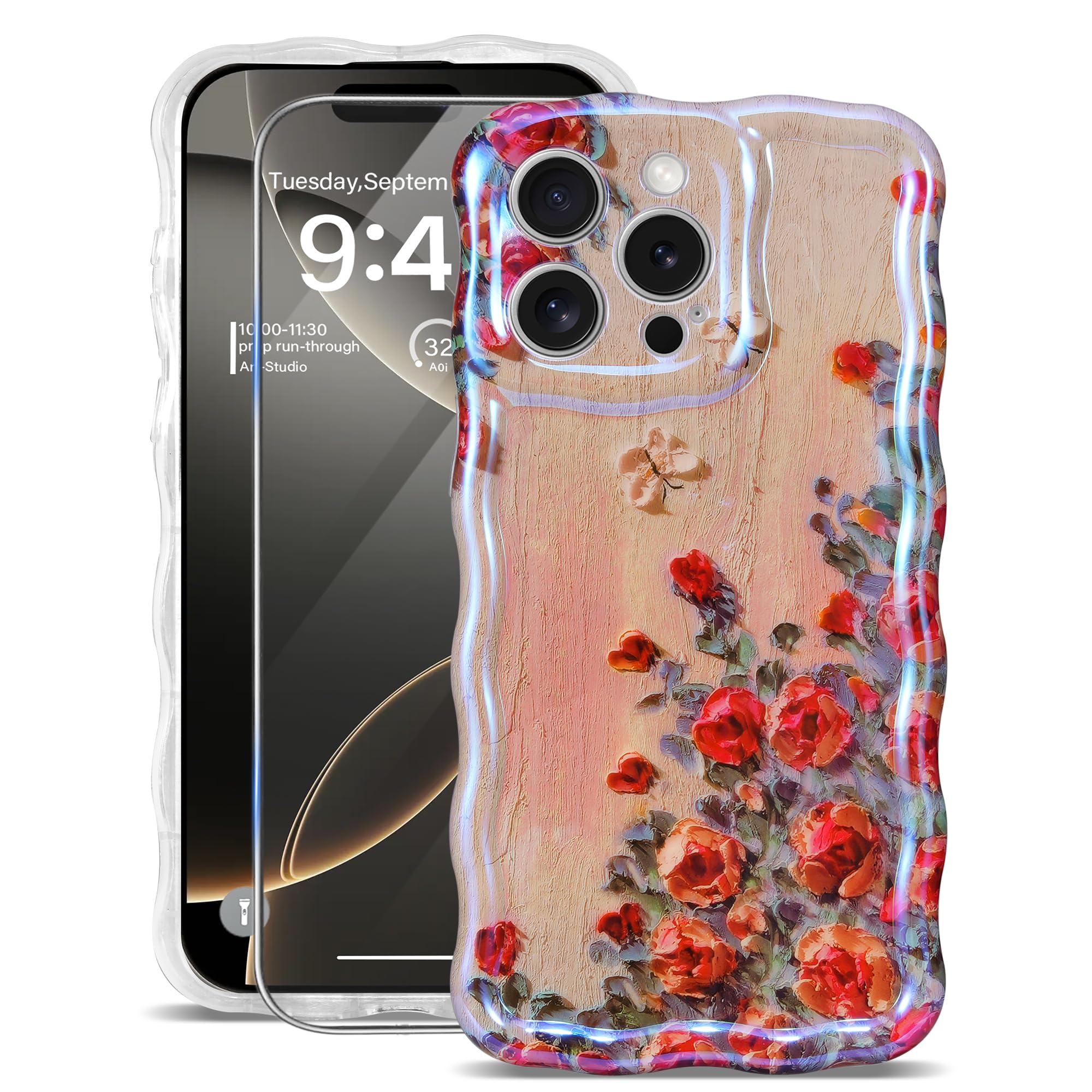 Sheheme For Iphone 16 Pro Max Case [With 9H Screen Protectors] Wave Bumper Colorful Oil Painting Flowers Print Blue Glossy Soft