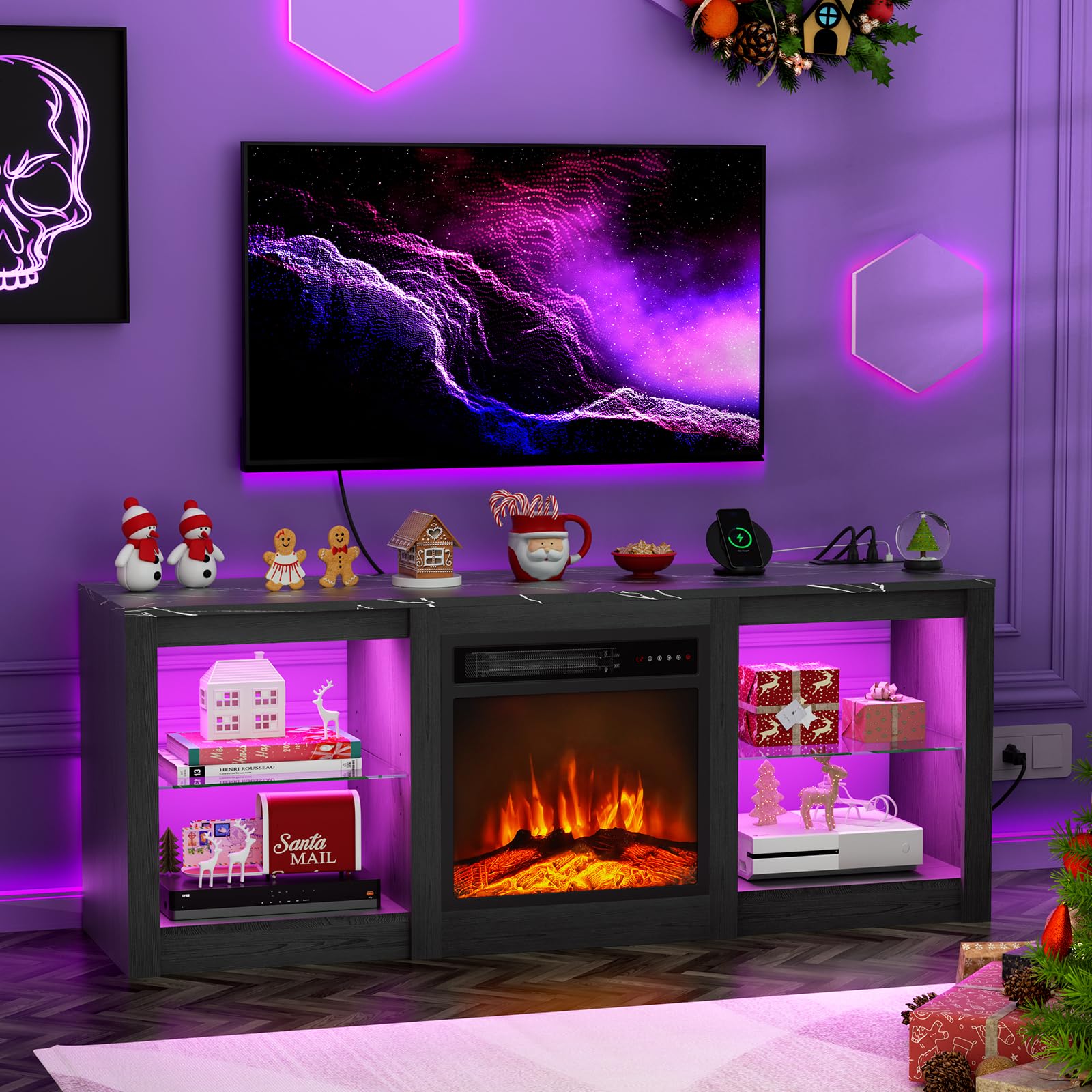 Breezeheat 58Inch Electric Fireplace Tv Stand For 65'' Tv Entertainment Center With 18'' Fireplace And Led Light Tv Console With