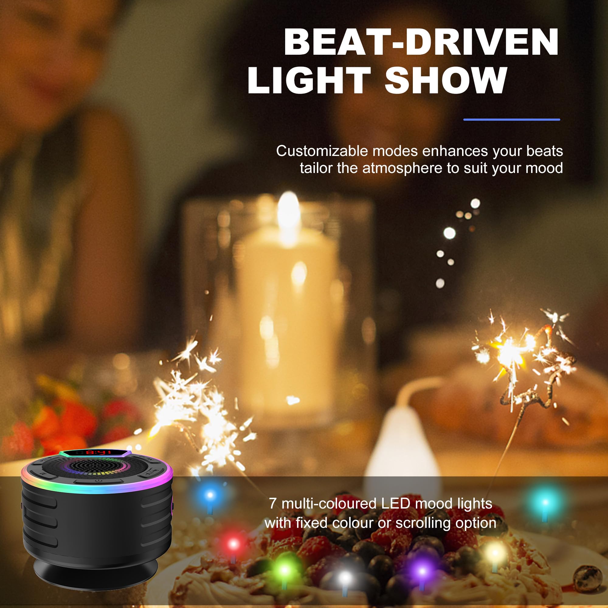 Basspal Bluetooth Speakers, Ipx7 Waterproof Shower Speaker, Portable Speaker With Led Display, Fm Radio, Suction Cup, Light Show, Built In Mic, Best Gifts For Pool Beach Home Party Travel Outdoors