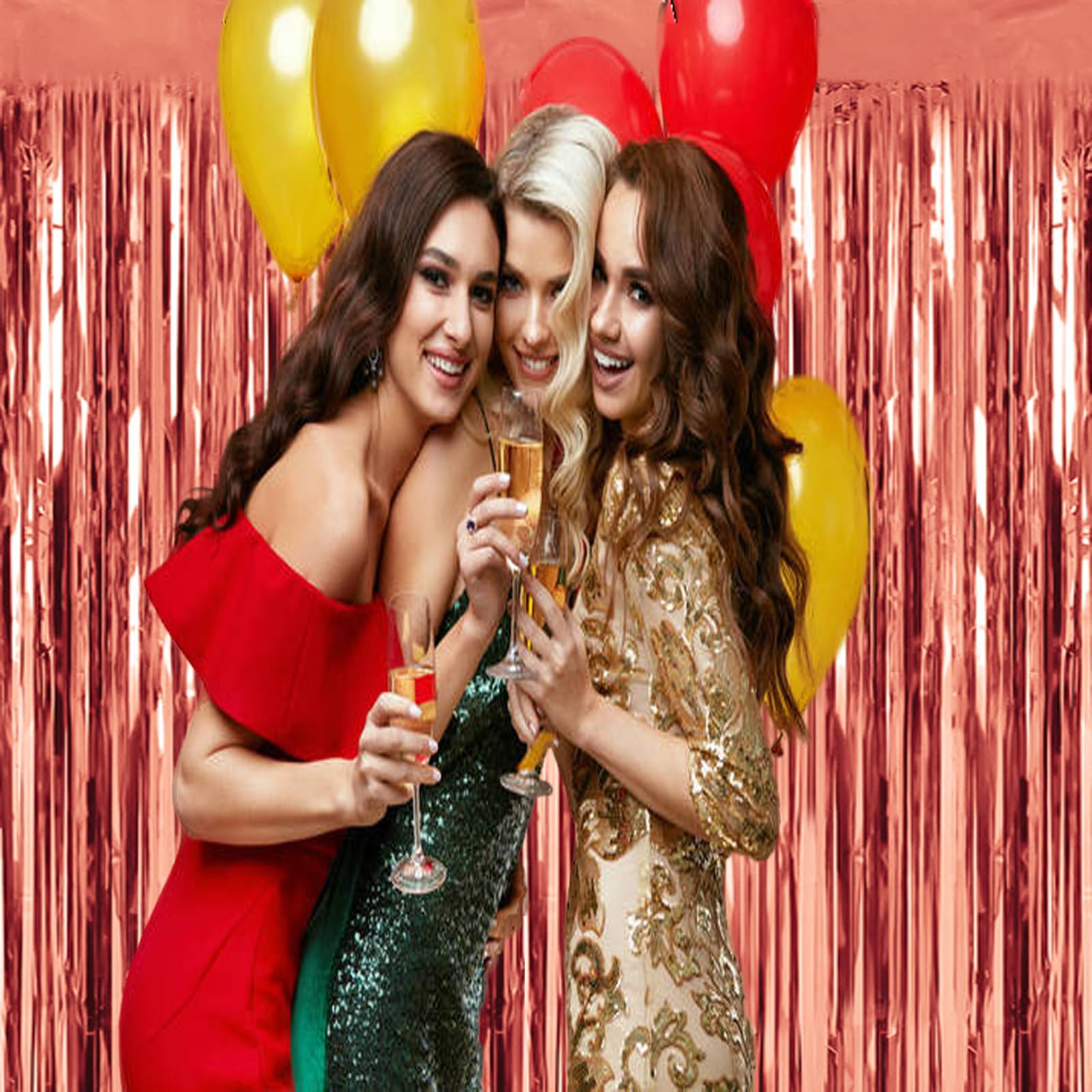 Uscnc 2 Pack 3.2Ft X 8.2Ft Rose Gold Foil Fringe Curtains Party Photo Backdrop Party Streamers For Birthday,Graduation,New Year